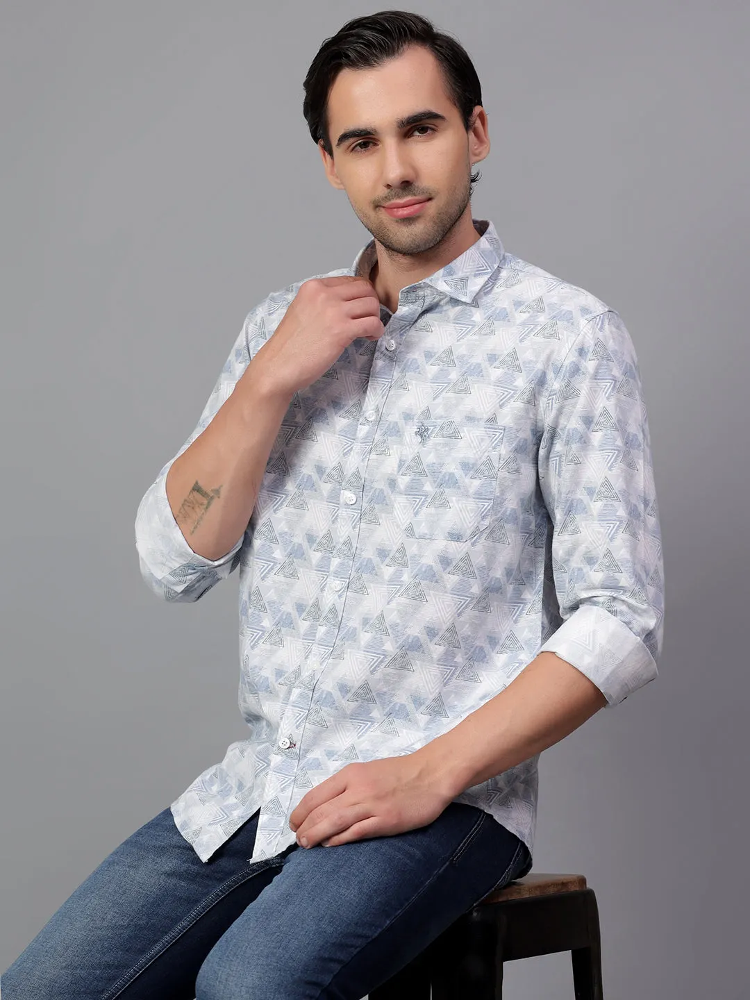 Men's Blue Printed Full Sleeve Casual Shirt