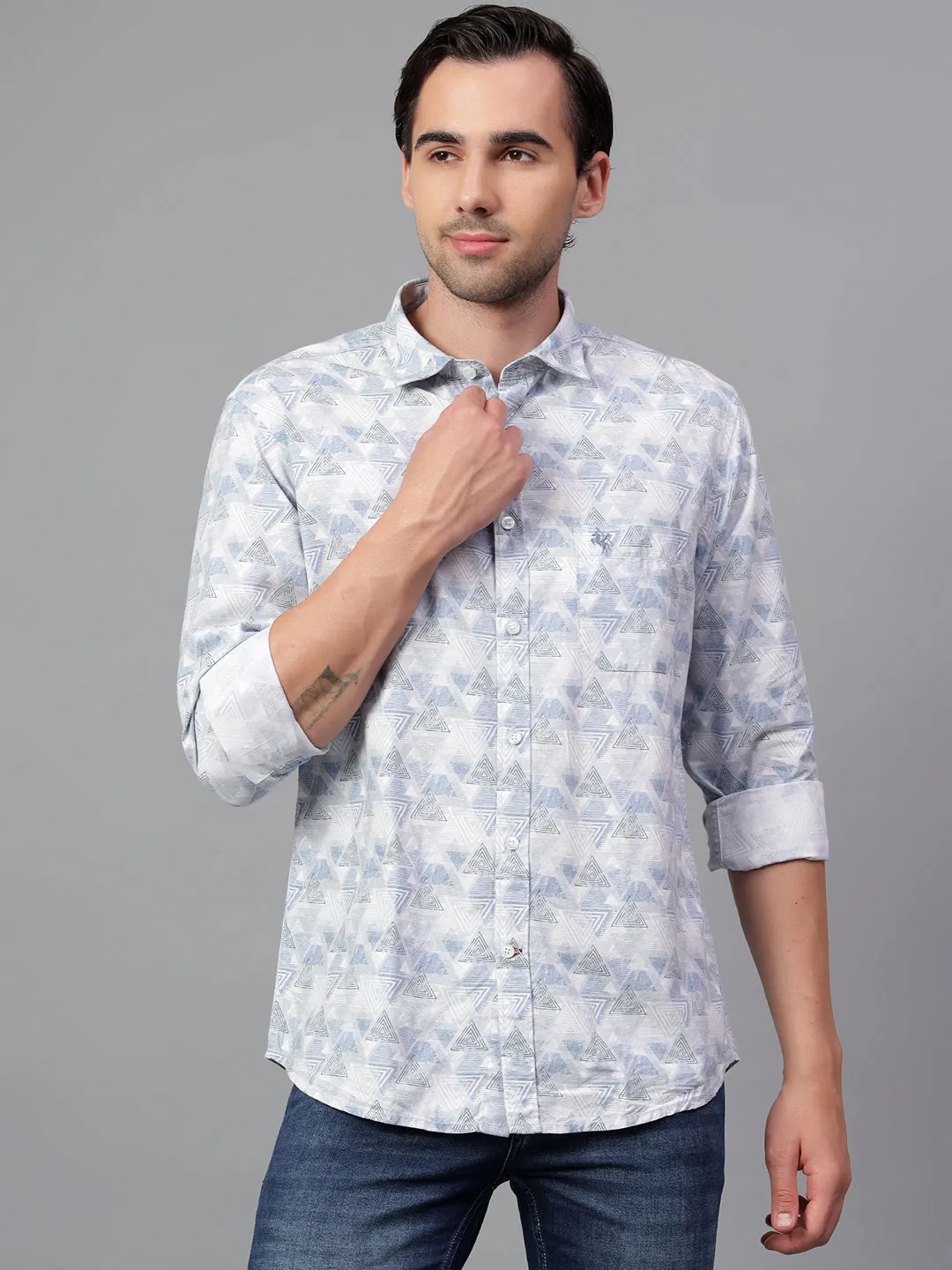 Men's Blue Printed Full Sleeve Casual Shirt