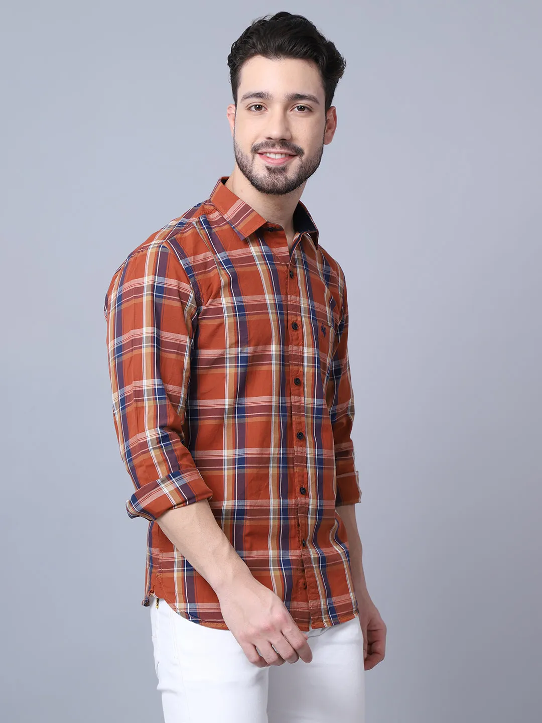 Men's Burnt Orange Casual Big Checks Full Sleeve Shirt