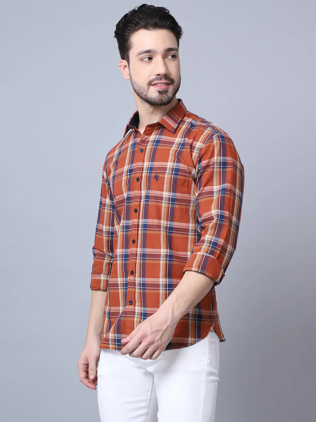 Men's Burnt Orange Casual Big Checks Full Sleeve Shirt