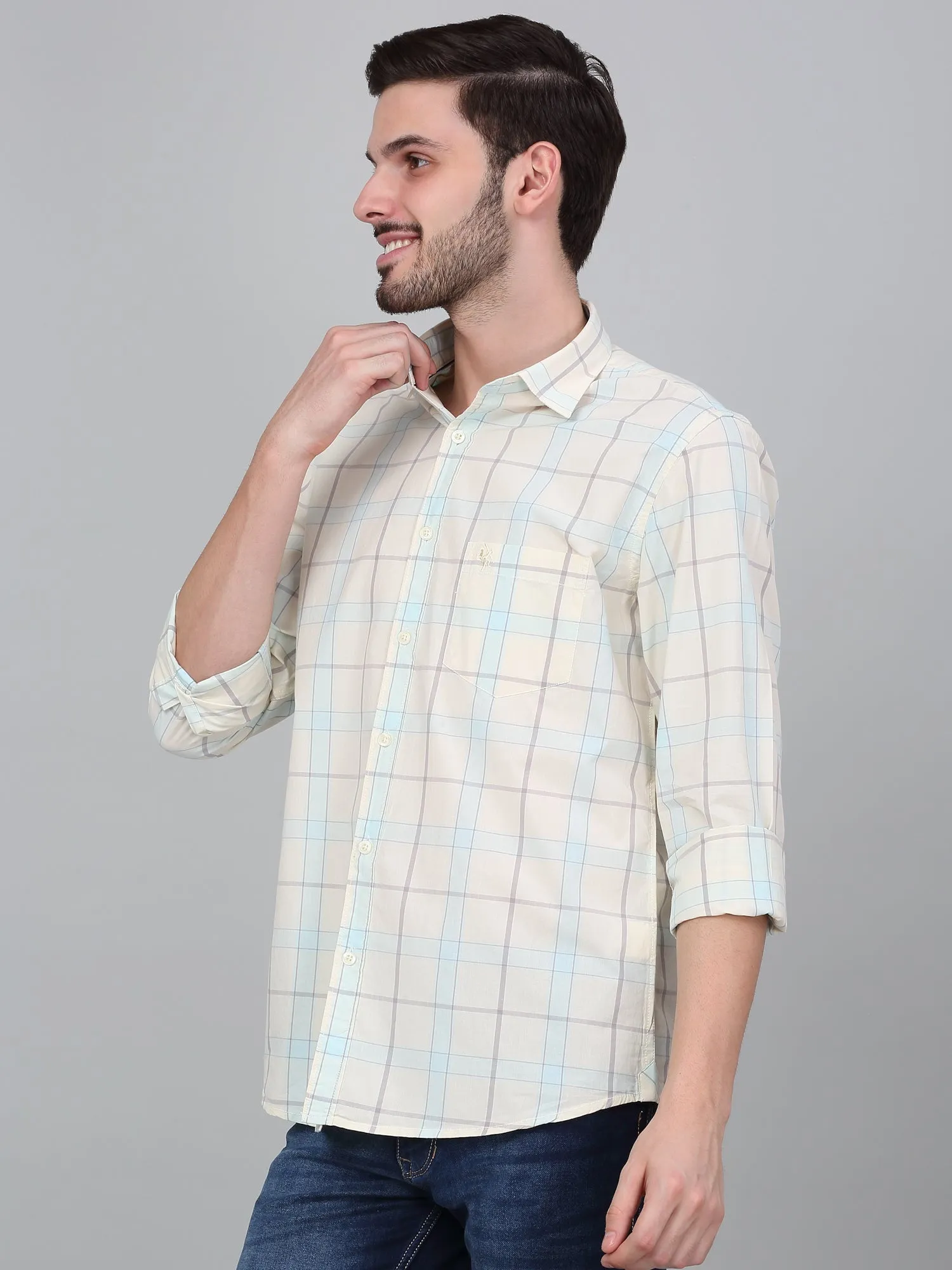 Men's Cream Checkered Full Sleeve Casual Shirt