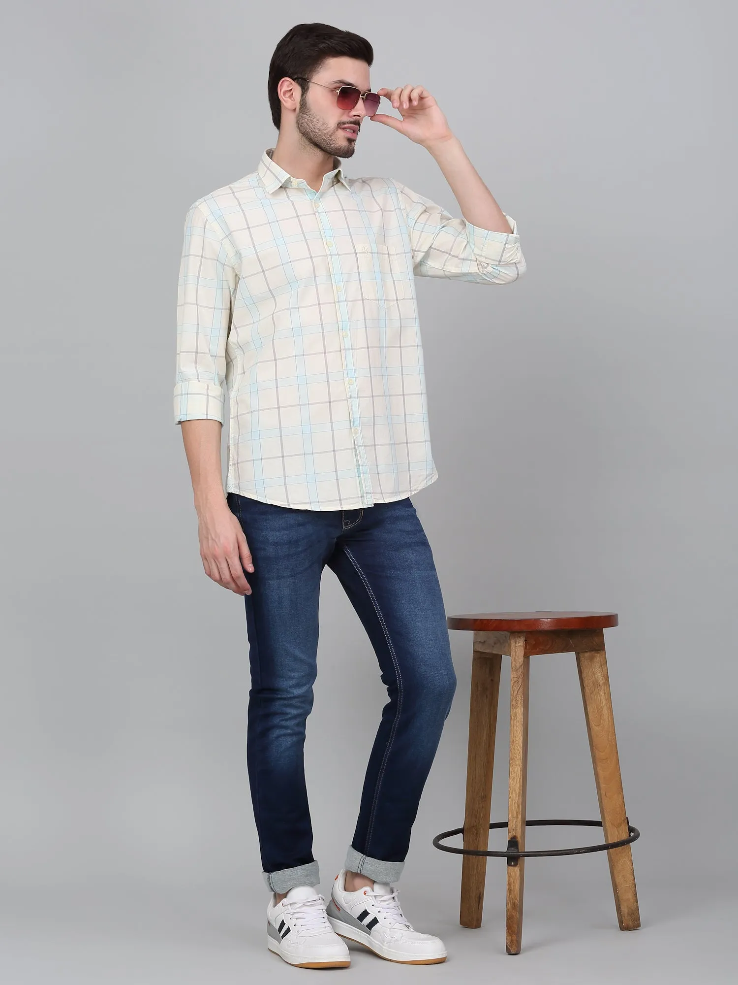 Men's Cream Checkered Full Sleeve Casual Shirt