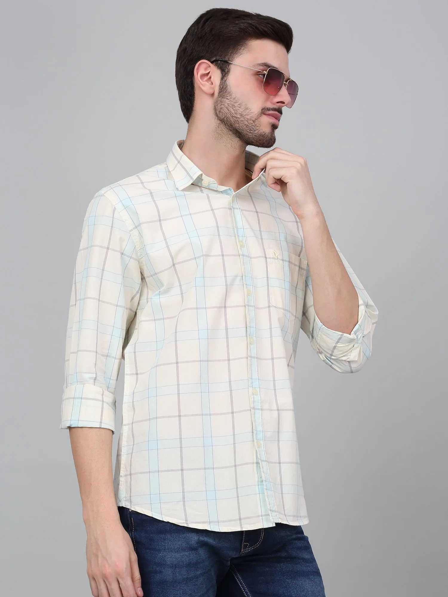 Men's Cream Checkered Full Sleeve Casual Shirt