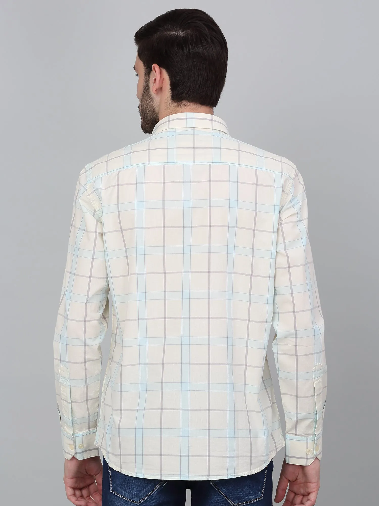 Men's Cream Checkered Full Sleeve Casual Shirt