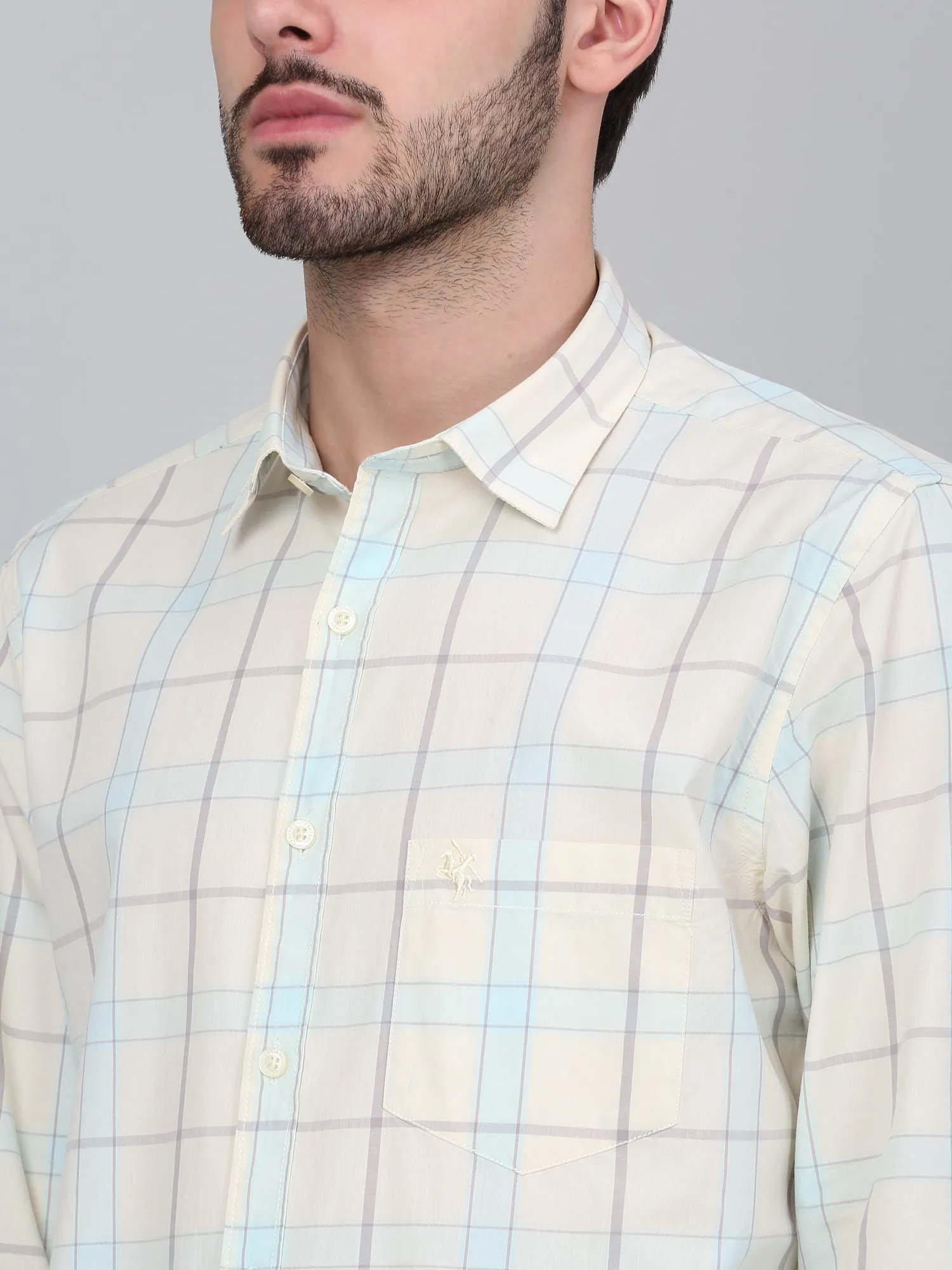 Men's Cream Checkered Full Sleeve Casual Shirt