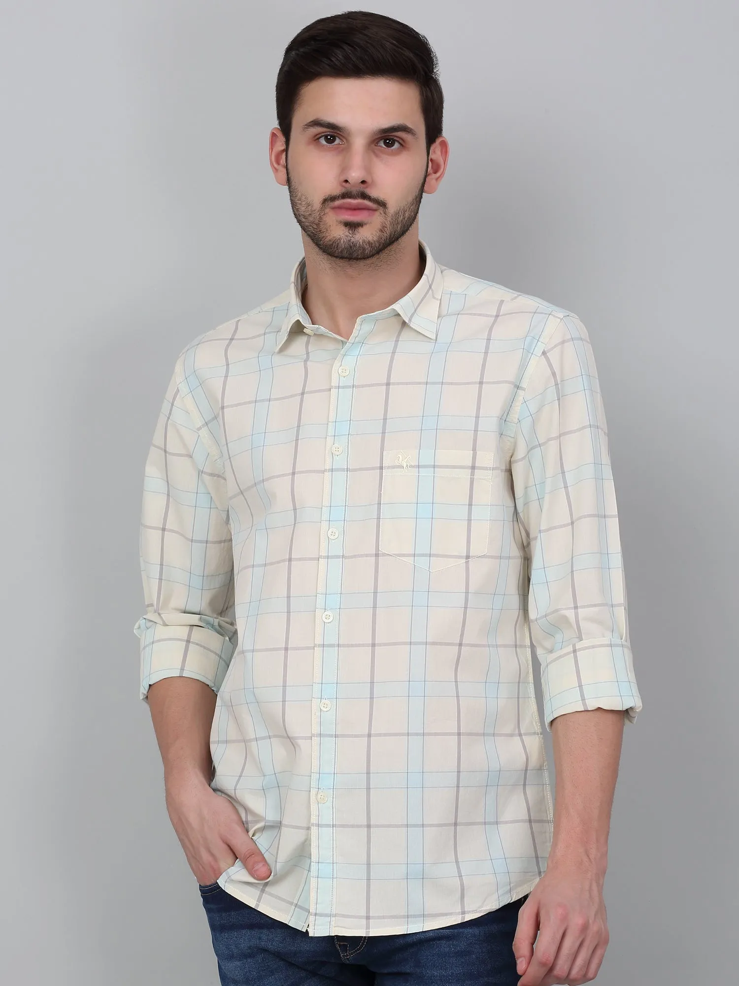 Men's Cream Checkered Full Sleeve Casual Shirt