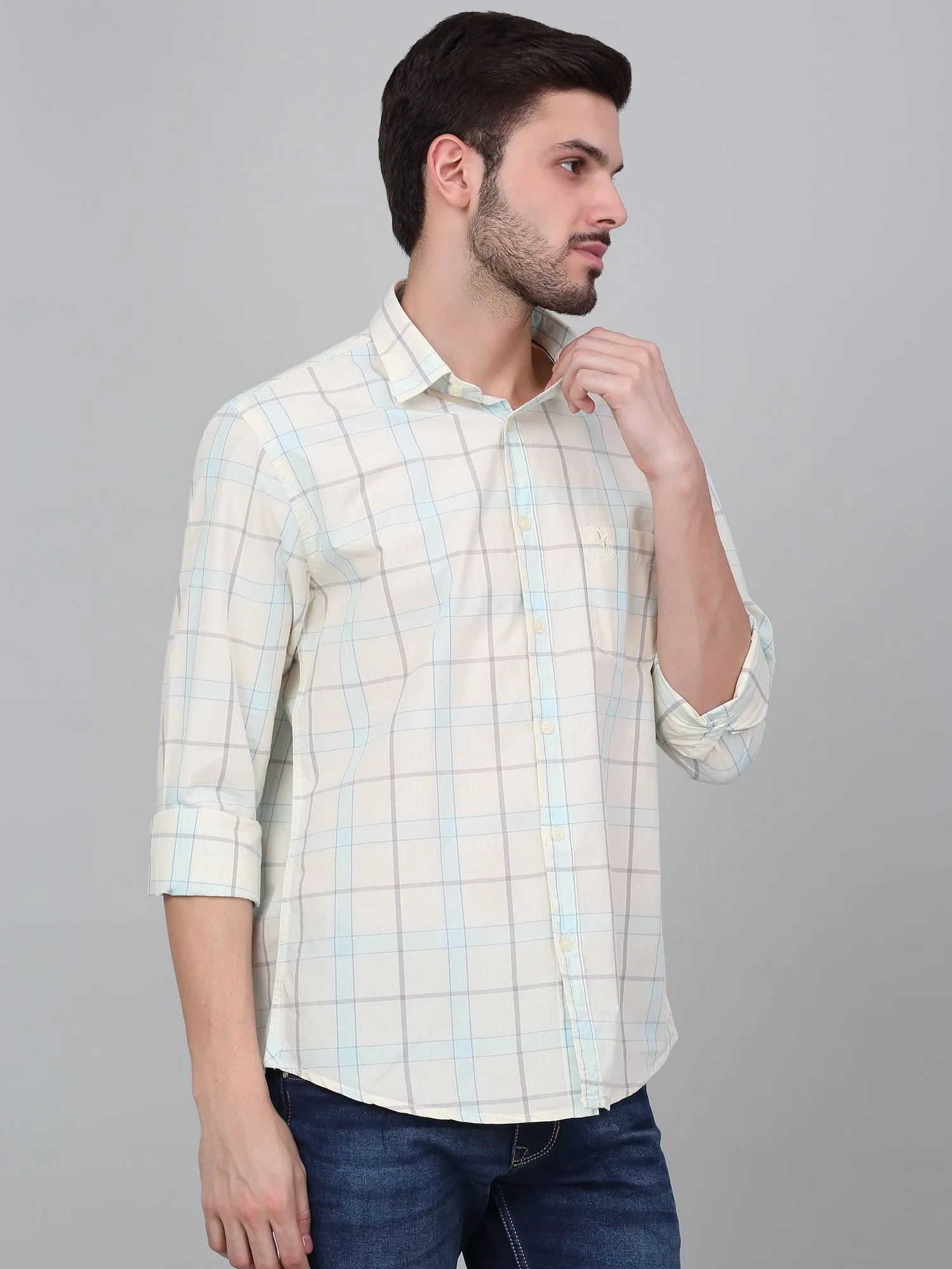 Men's Cream Checkered Full Sleeve Casual Shirt