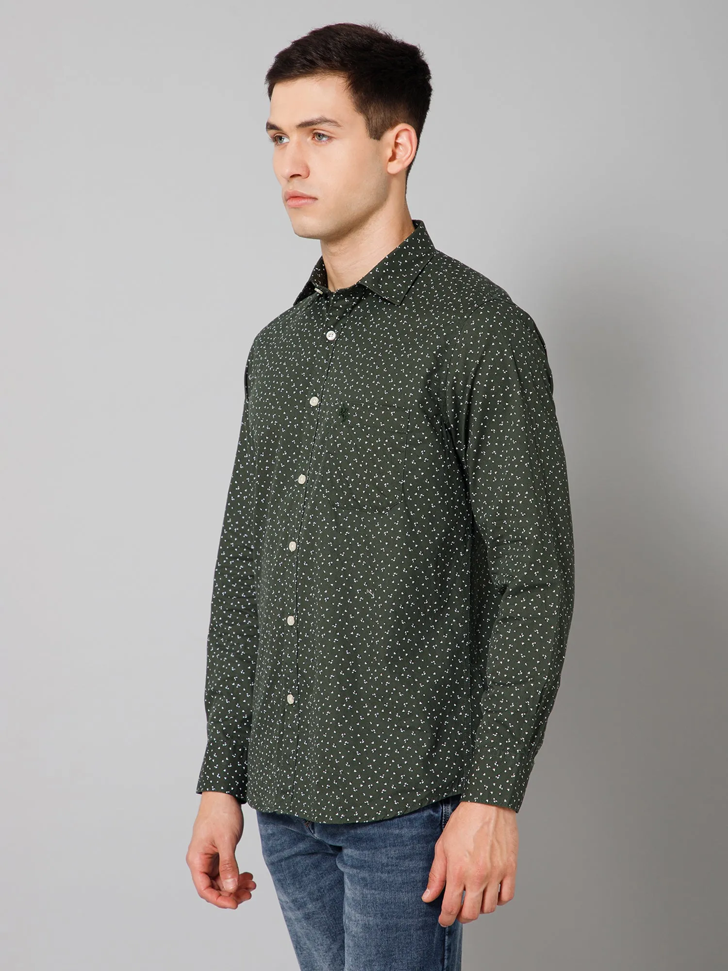 Men's Dark Green Casual Floral Print Full Sleeve Shirt