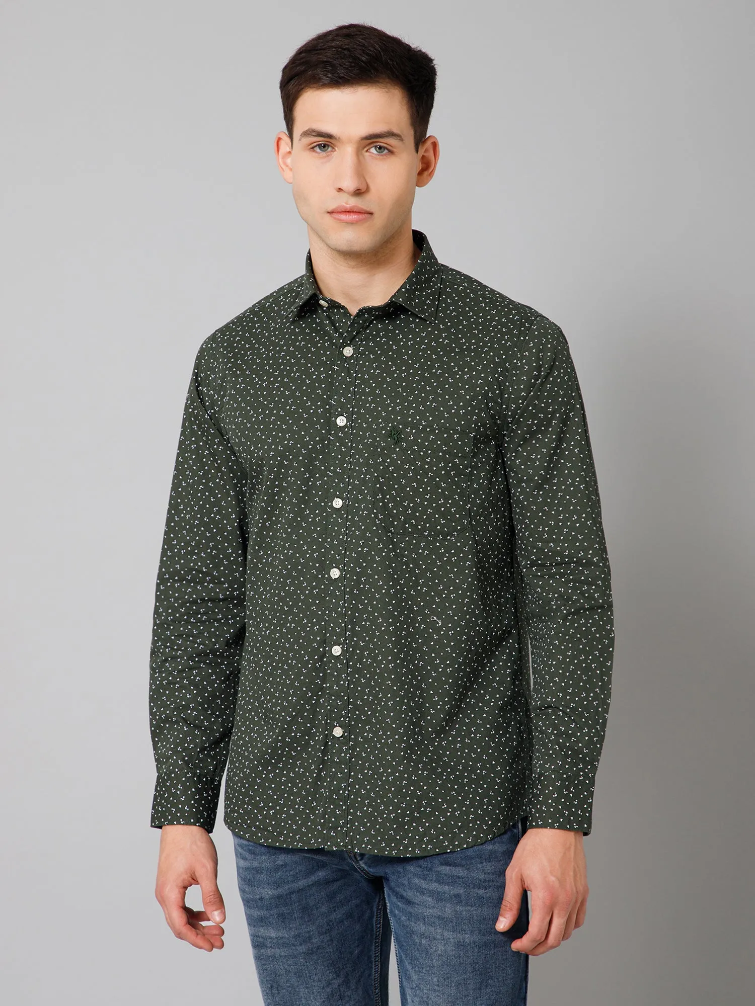 Men's Dark Green Casual Floral Print Full Sleeve Shirt