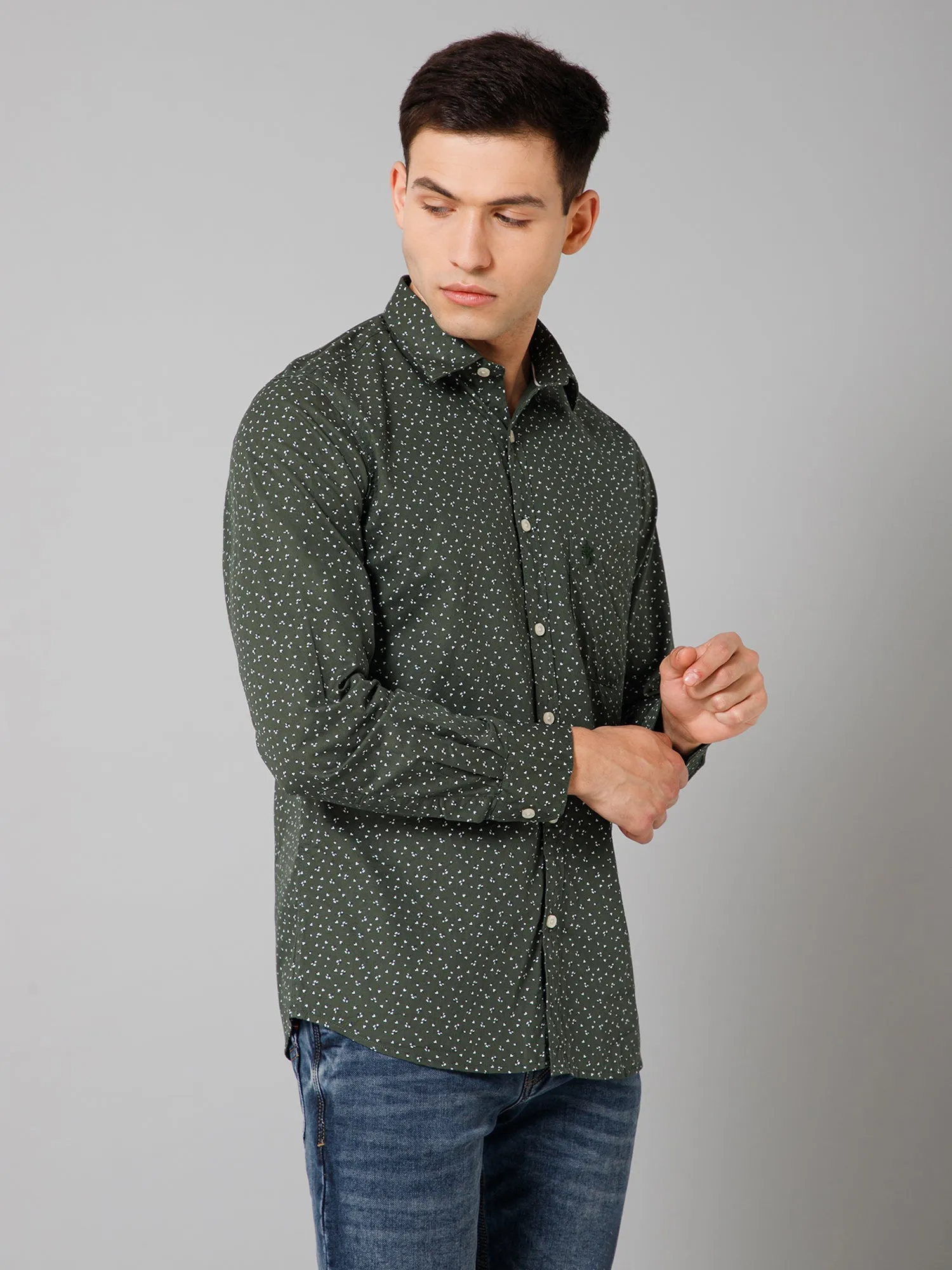 Men's Dark Green Casual Floral Print Full Sleeve Shirt