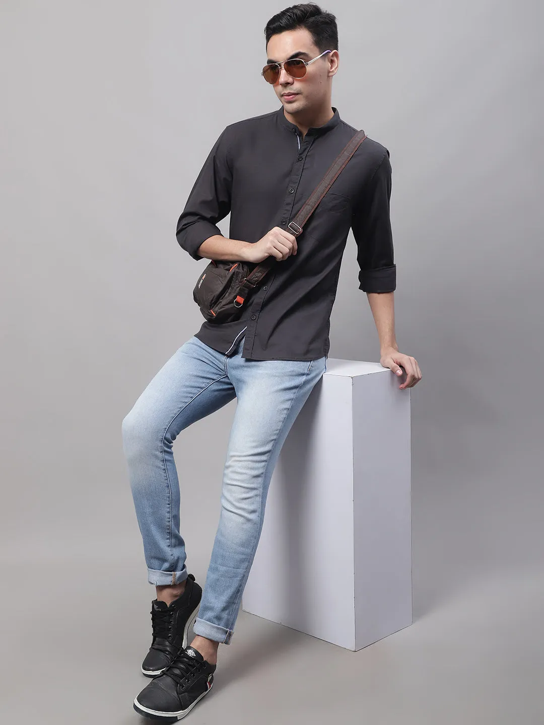 Men's Dark Grey Casual Plain Full Sleeve Shirt