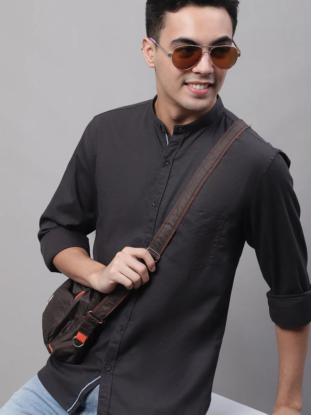 Men's Dark Grey Casual Plain Full Sleeve Shirt