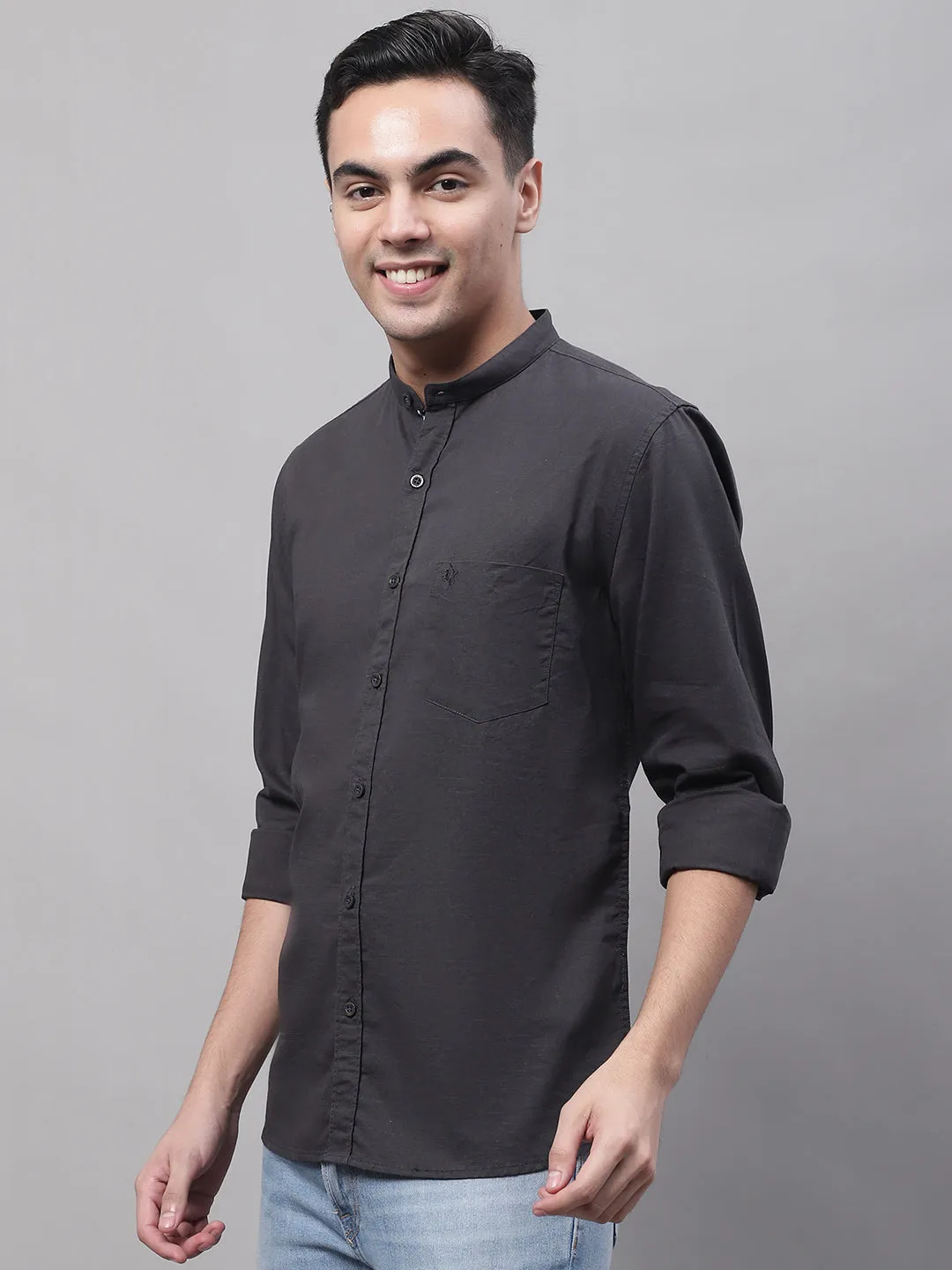 Men's Dark Grey Casual Plain Full Sleeve Shirt