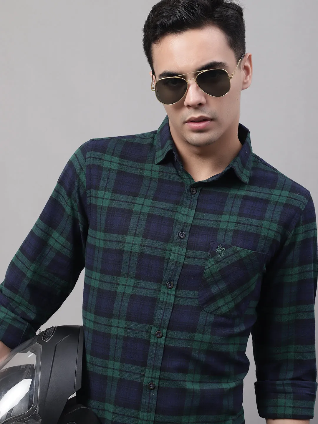 Men's Green Casual Brushed Big Checks Full Sleeve Shirt