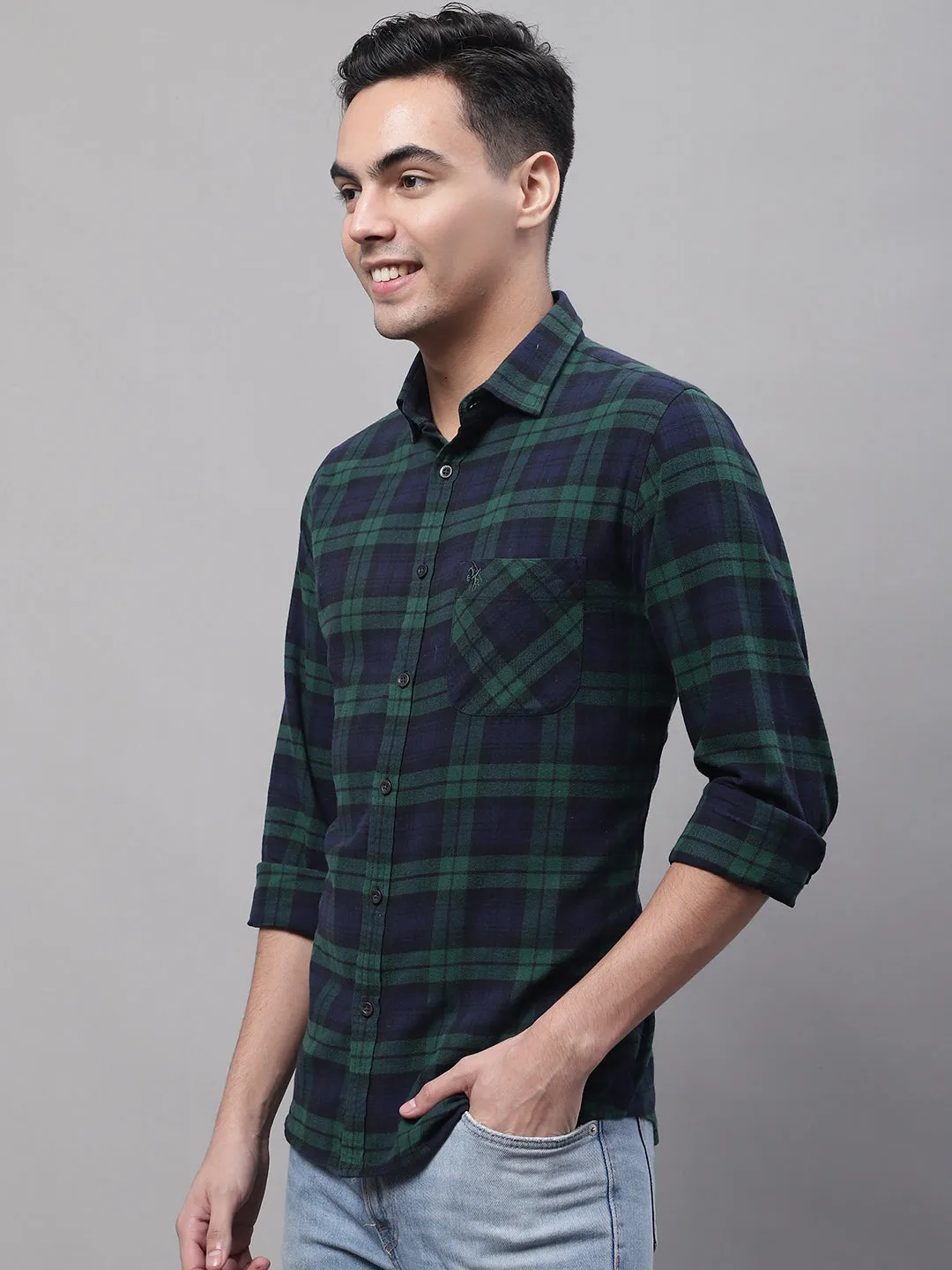 Men's Green Casual Brushed Big Checks Full Sleeve Shirt