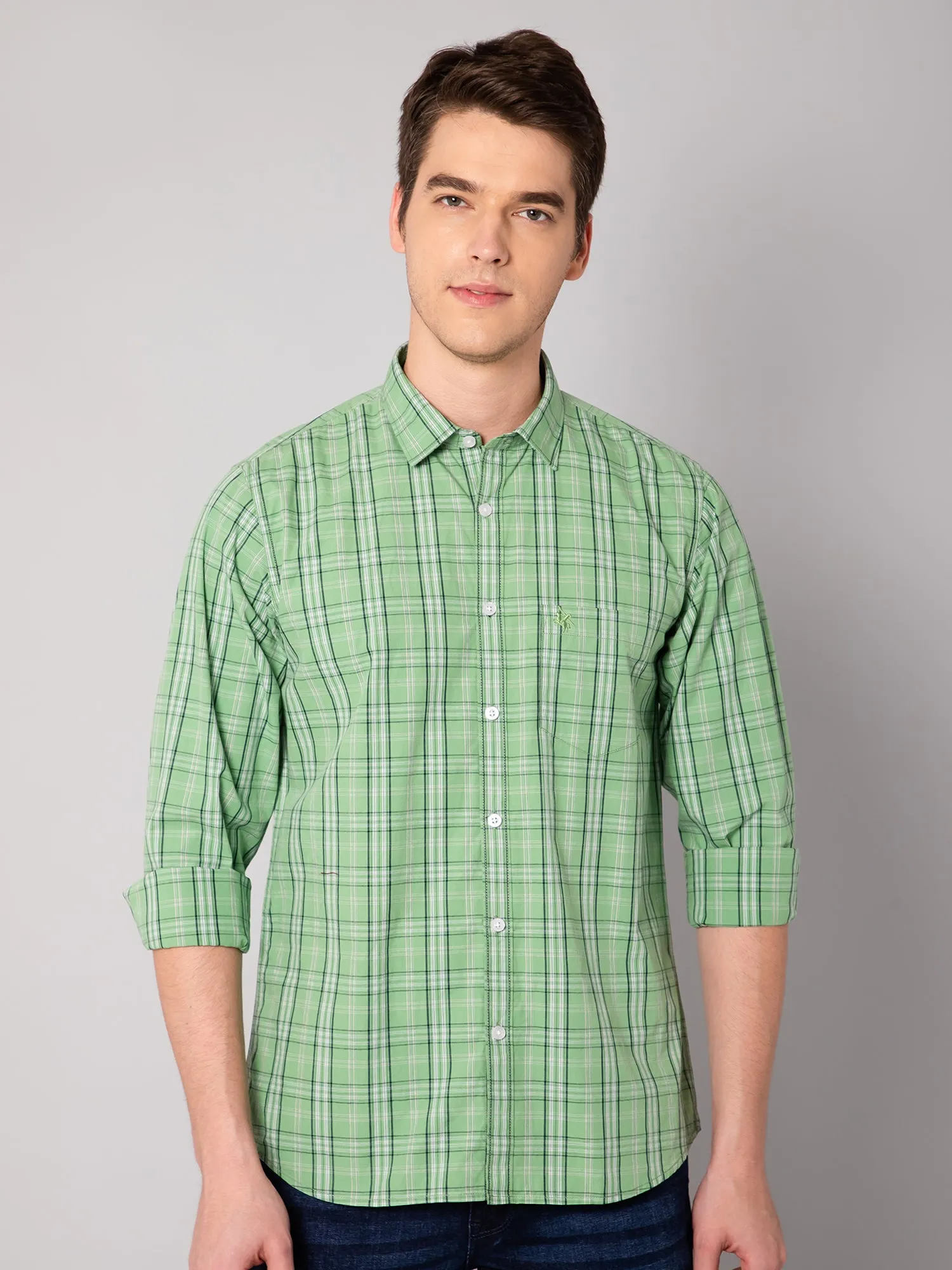 Men's Green Casual Medium Checks Full Sleeve Shirt