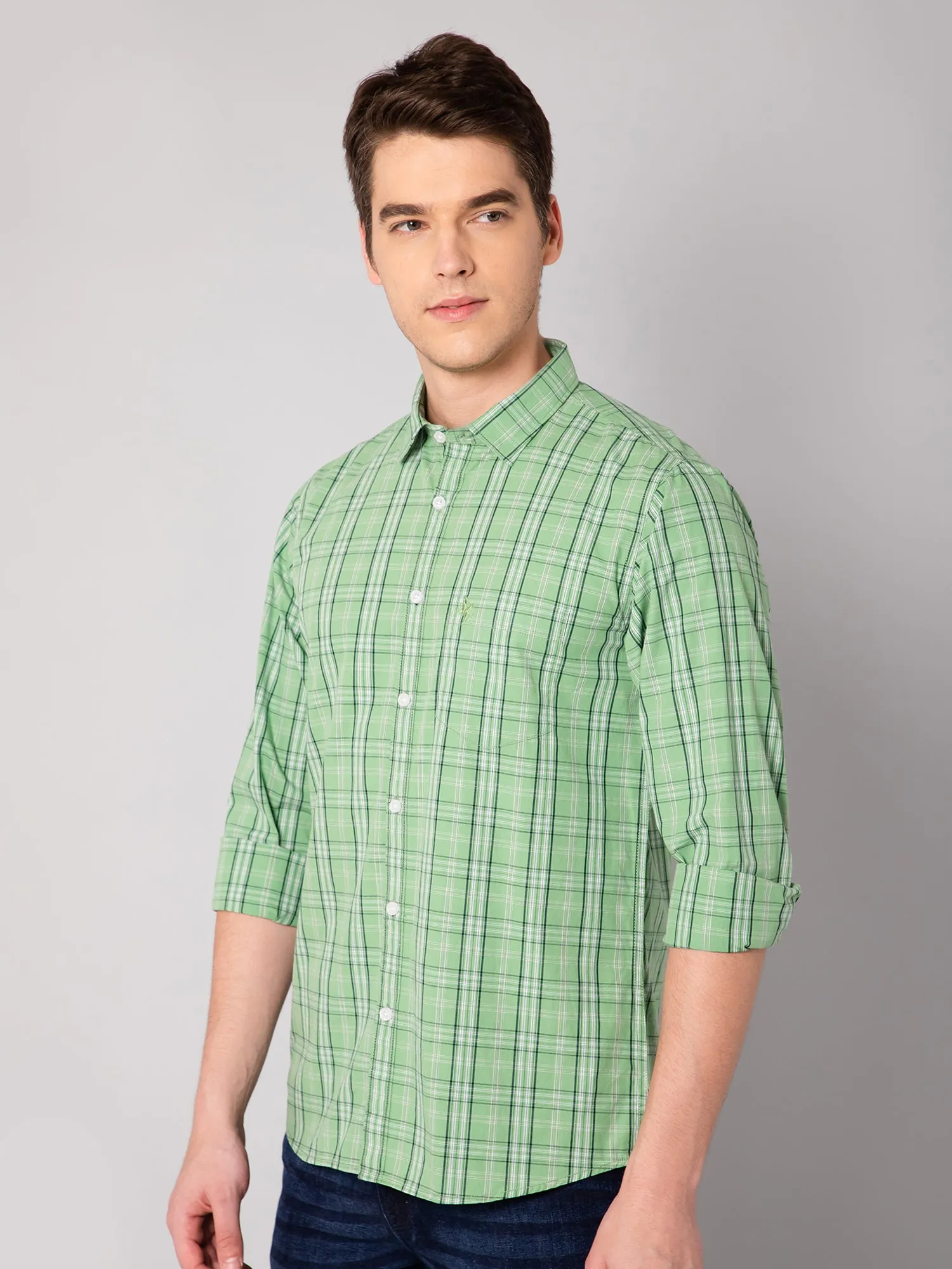 Men's Green Casual Medium Checks Full Sleeve Shirt