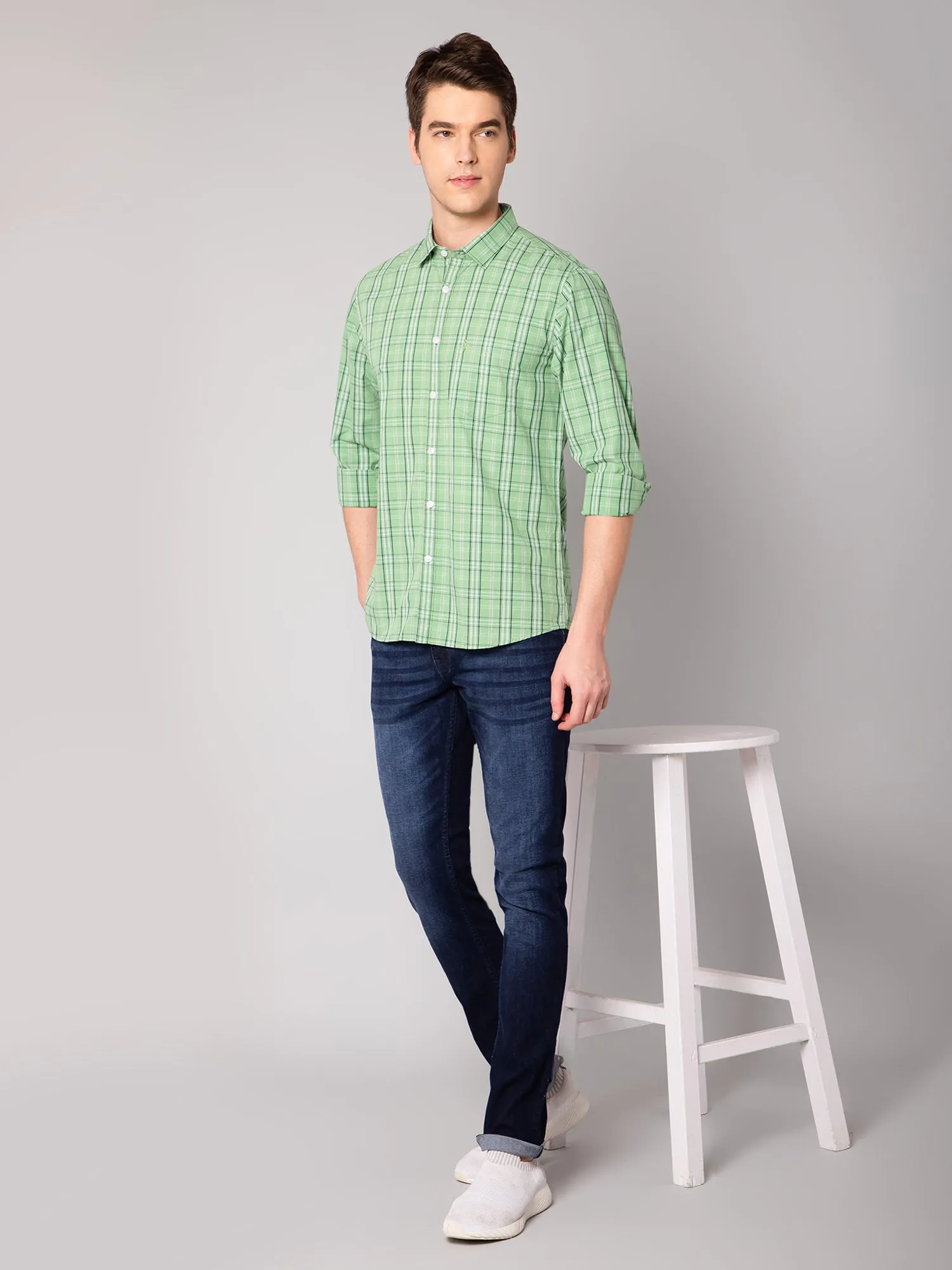 Men's Green Casual Medium Checks Full Sleeve Shirt