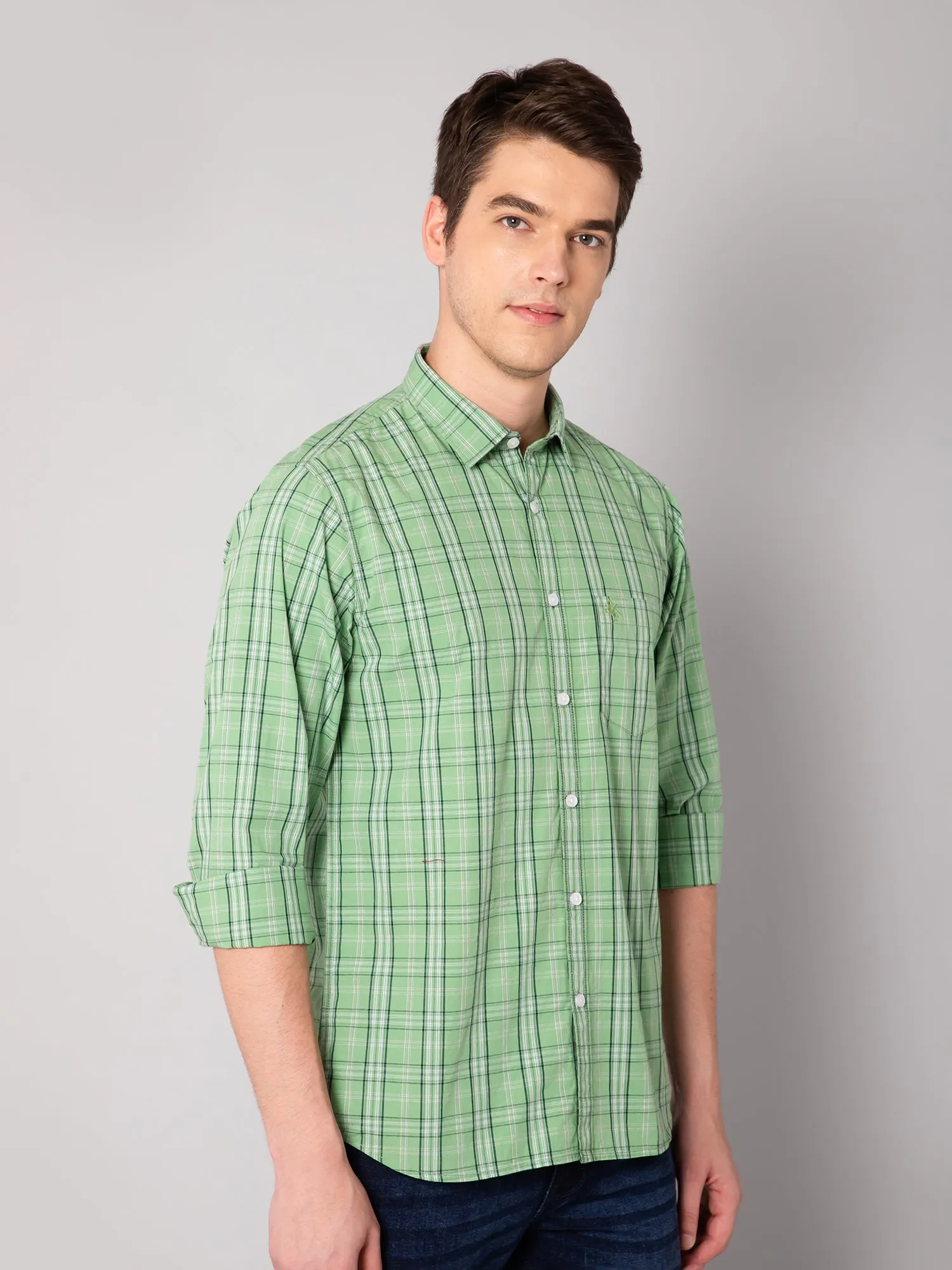 Men's Green Casual Medium Checks Full Sleeve Shirt