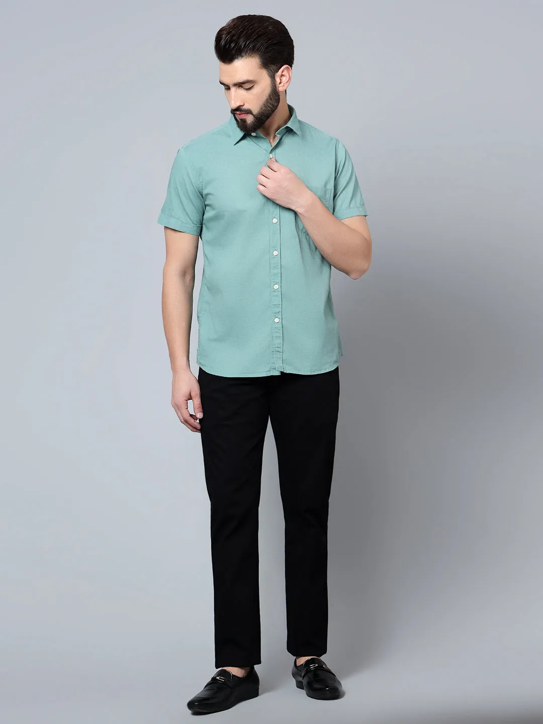 Men's Green Casual Plain Half Sleeve Shirt