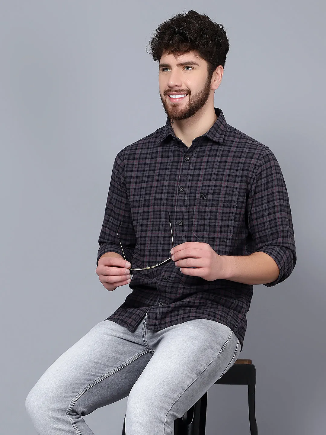 Men's Grey Casual Big Checks Full Sleeve Shirt