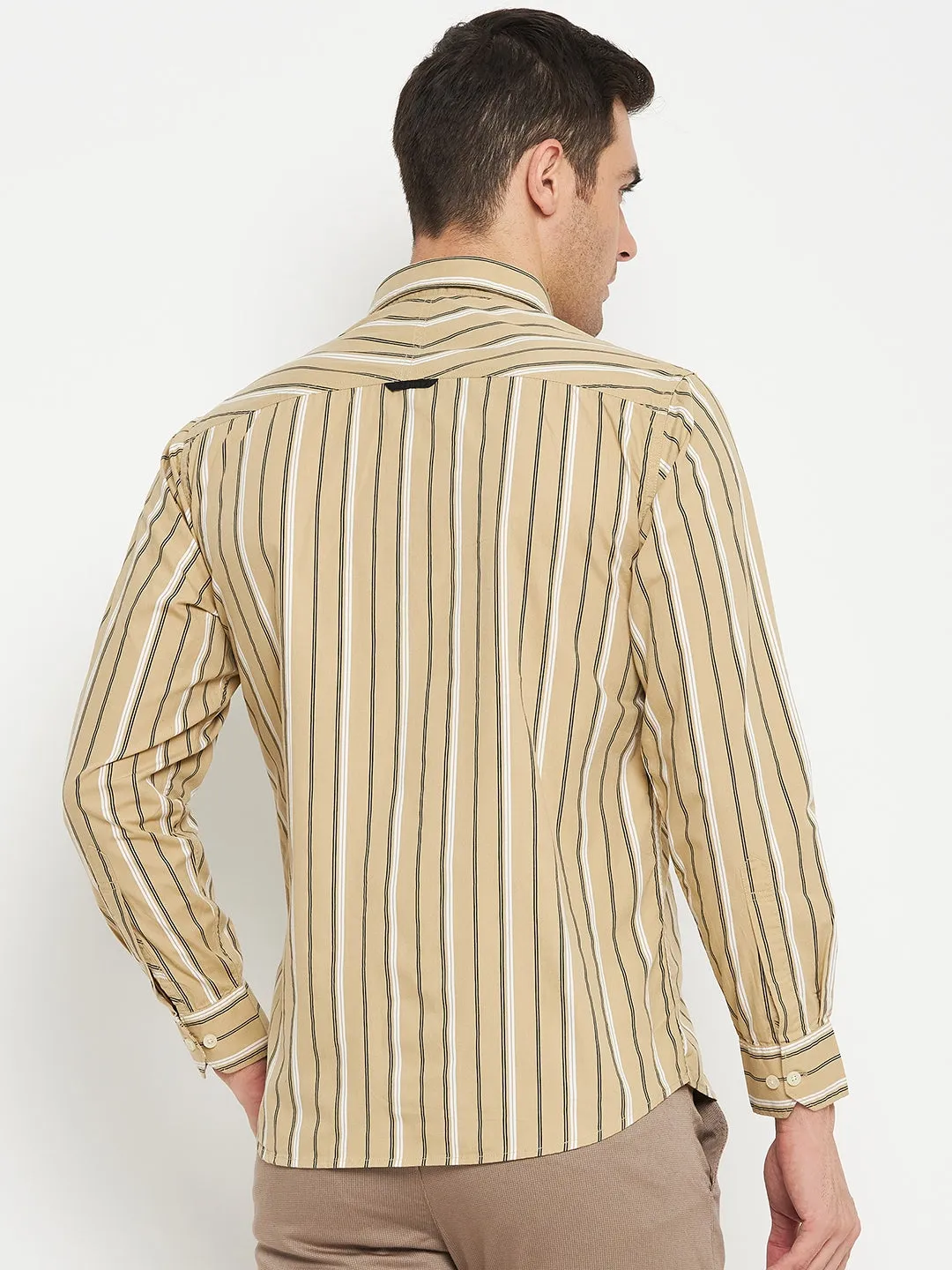 Men's Khaki Casual Narrow Stripe Full Sleeve Shirt