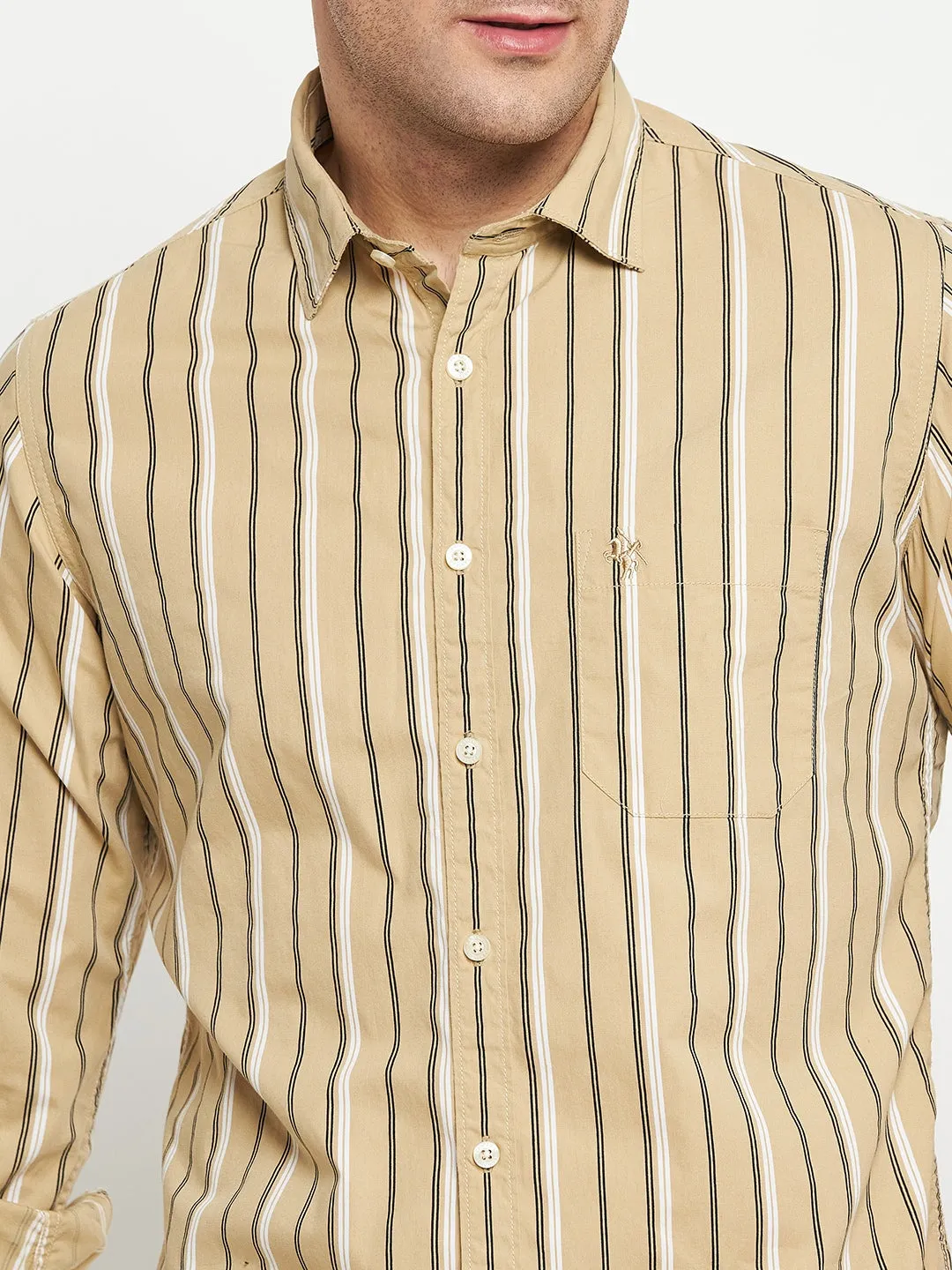 Men's Khaki Casual Narrow Stripe Full Sleeve Shirt