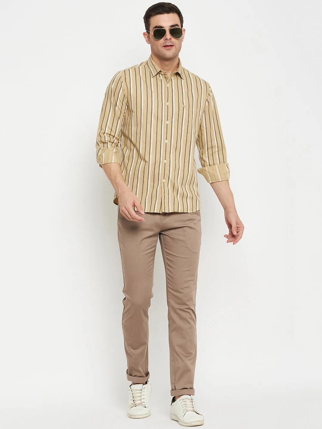 Men's Khaki Casual Narrow Stripe Full Sleeve Shirt