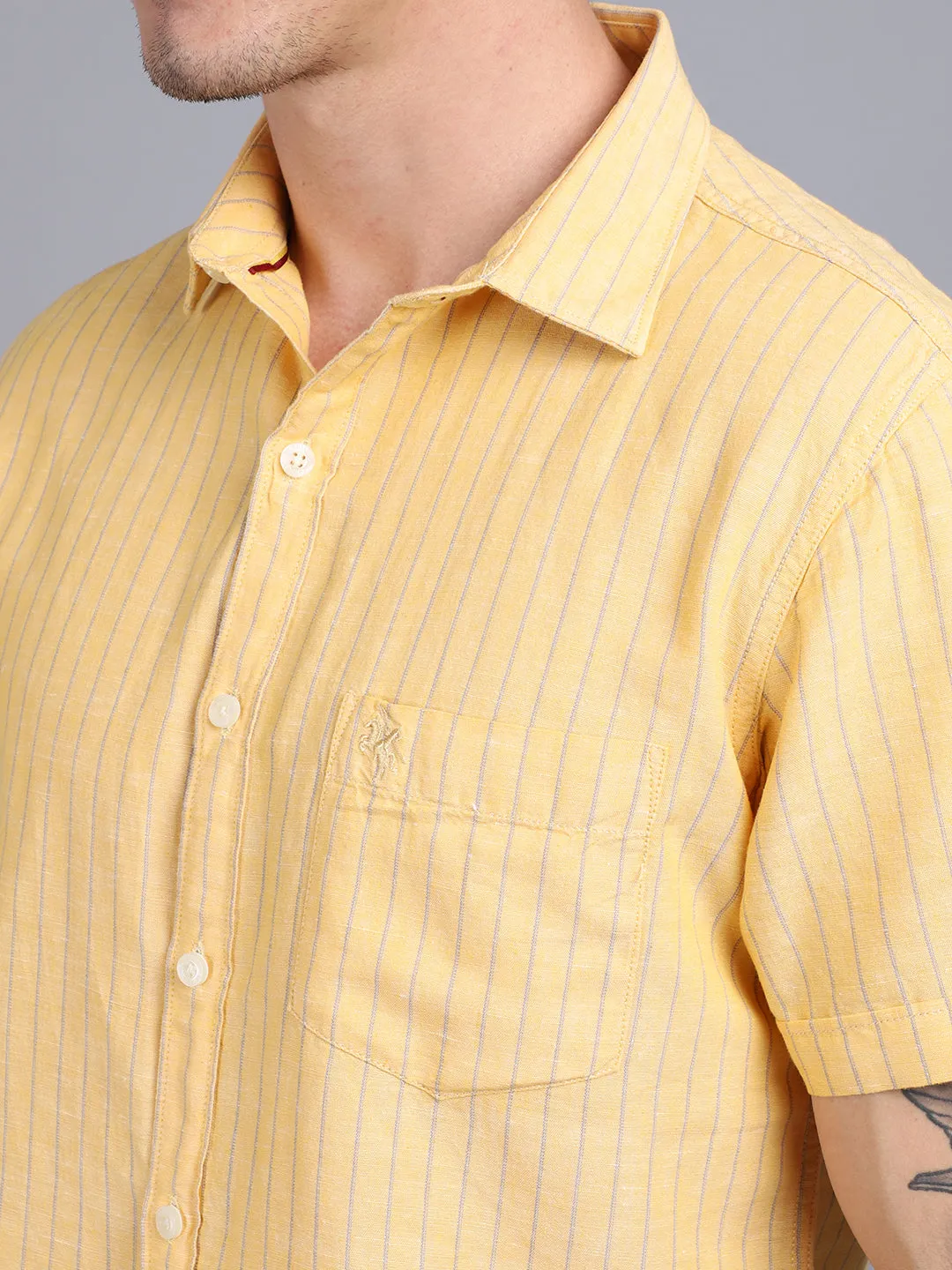 Men's Lemon Yellow Casual Thin Stripe Half Sleeve Shirt