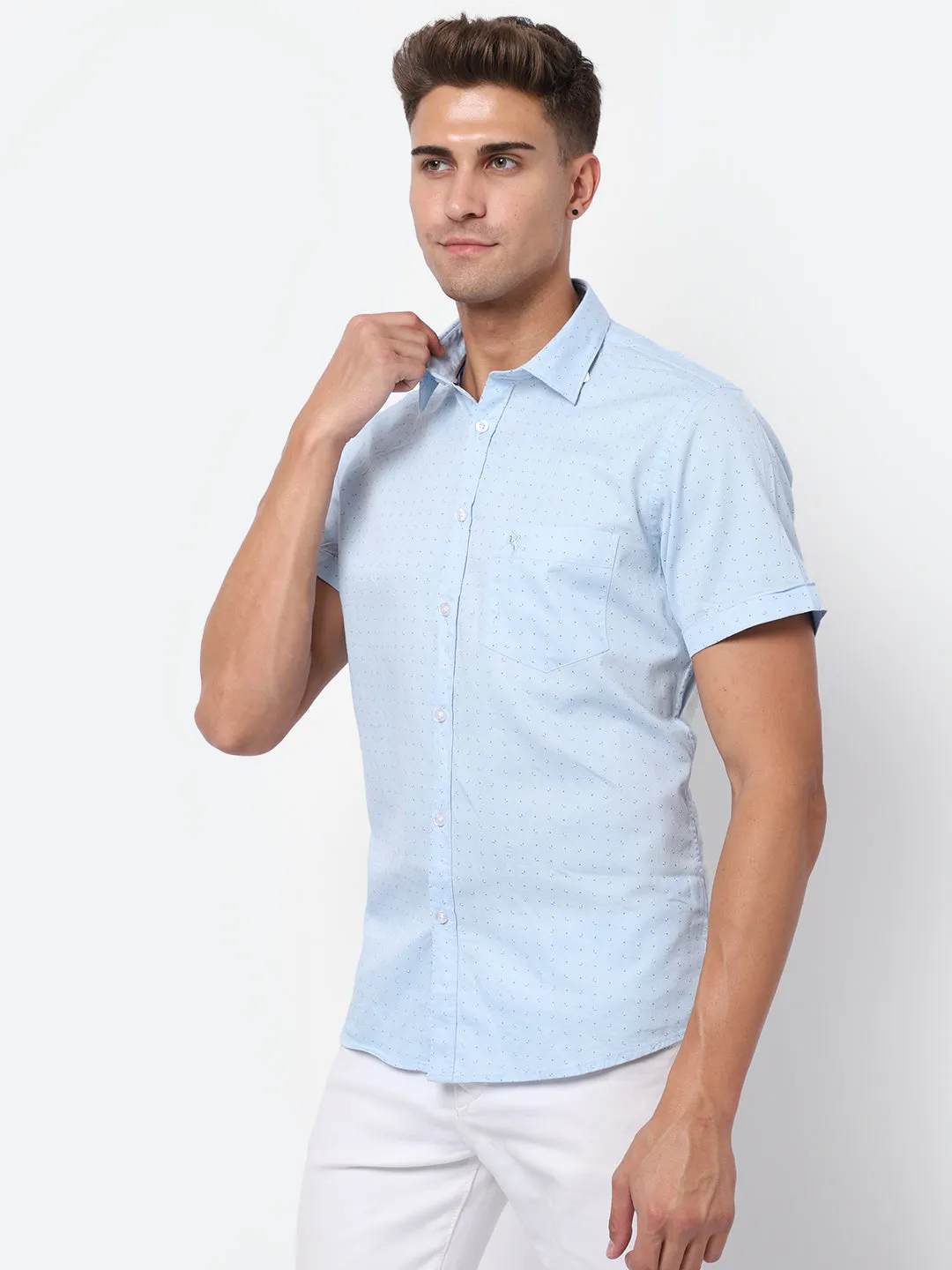 Men's Light Blue Casual Ditsy Print Full Sleeve Shirt