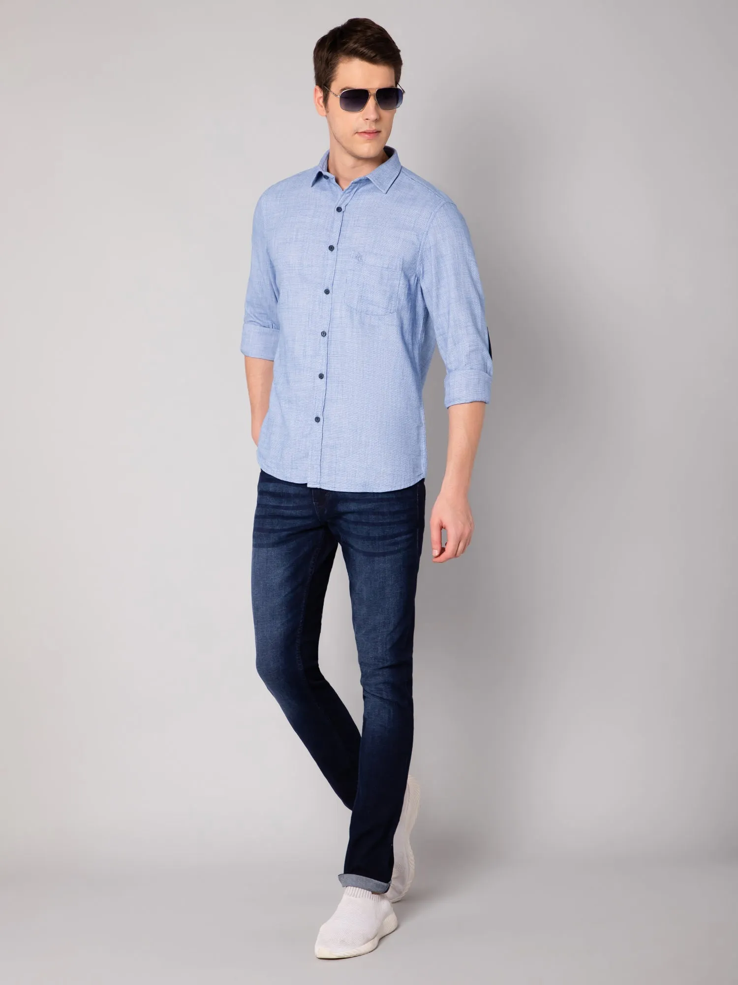 Men's Light Blue Casual Plain Full Sleeve Shirt