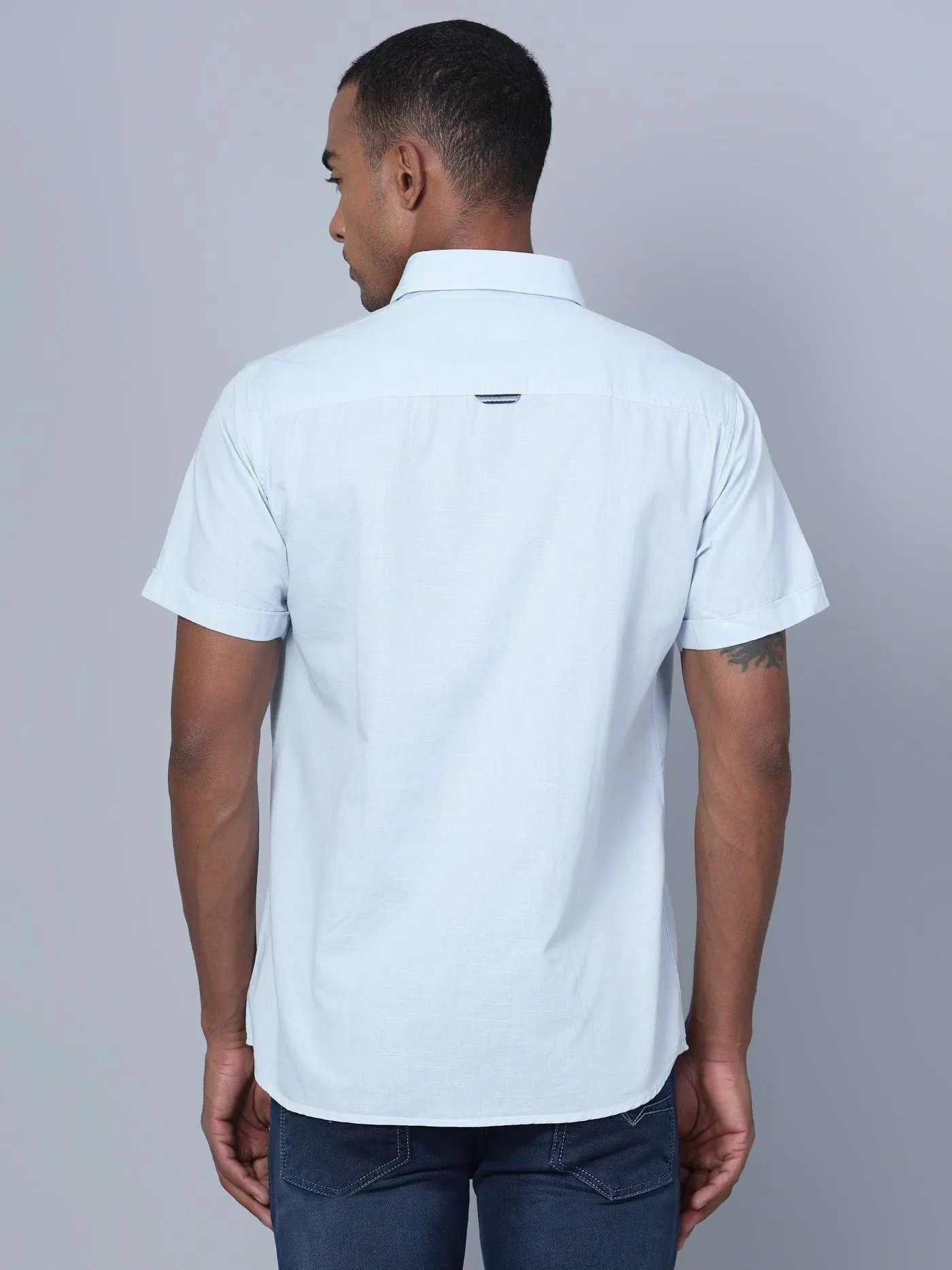 Men's Light Blue Casual Plain Half Sleeve Shirt