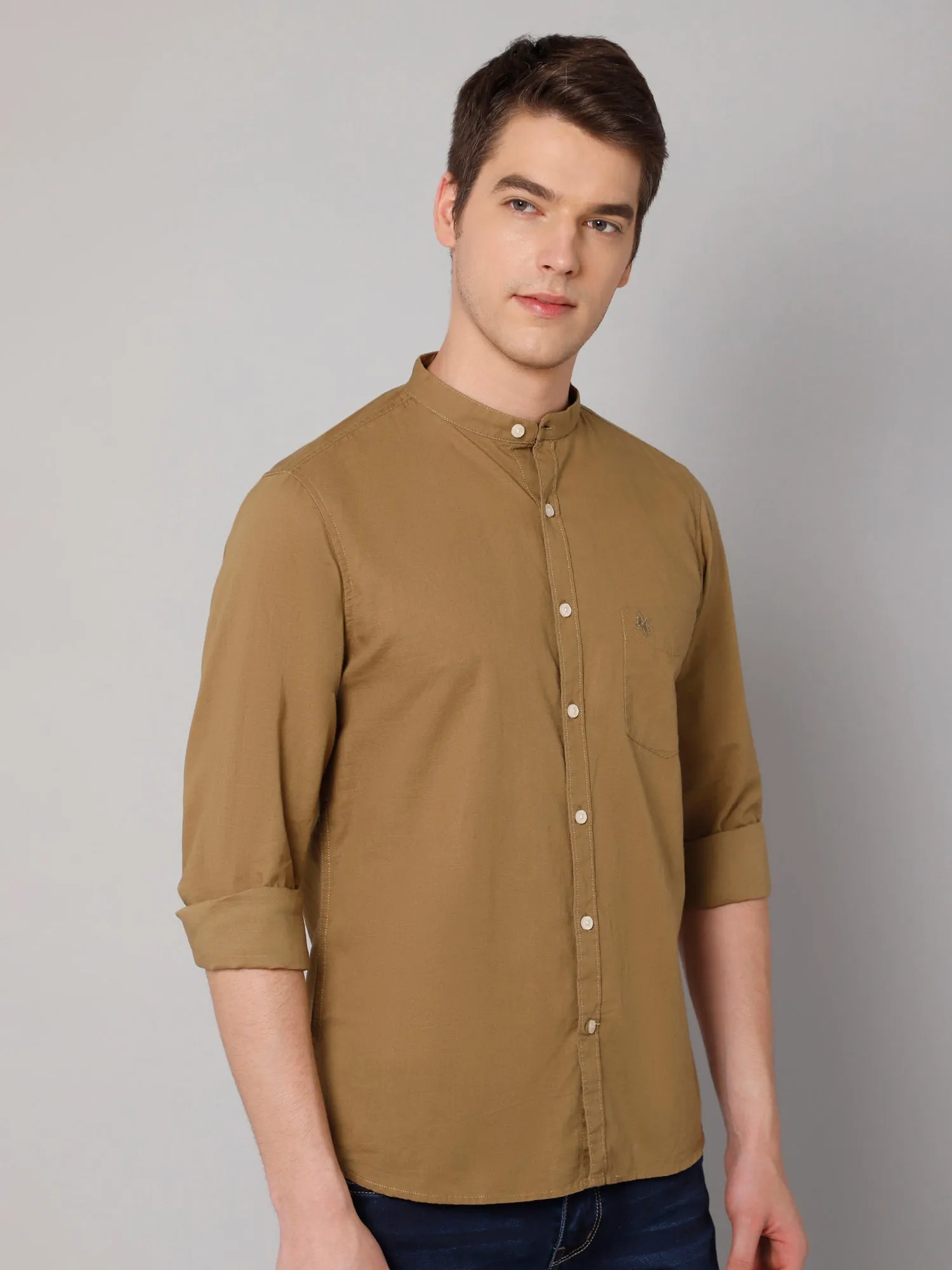 Men's Light Brown Casual Plain Full Sleeve Shirt