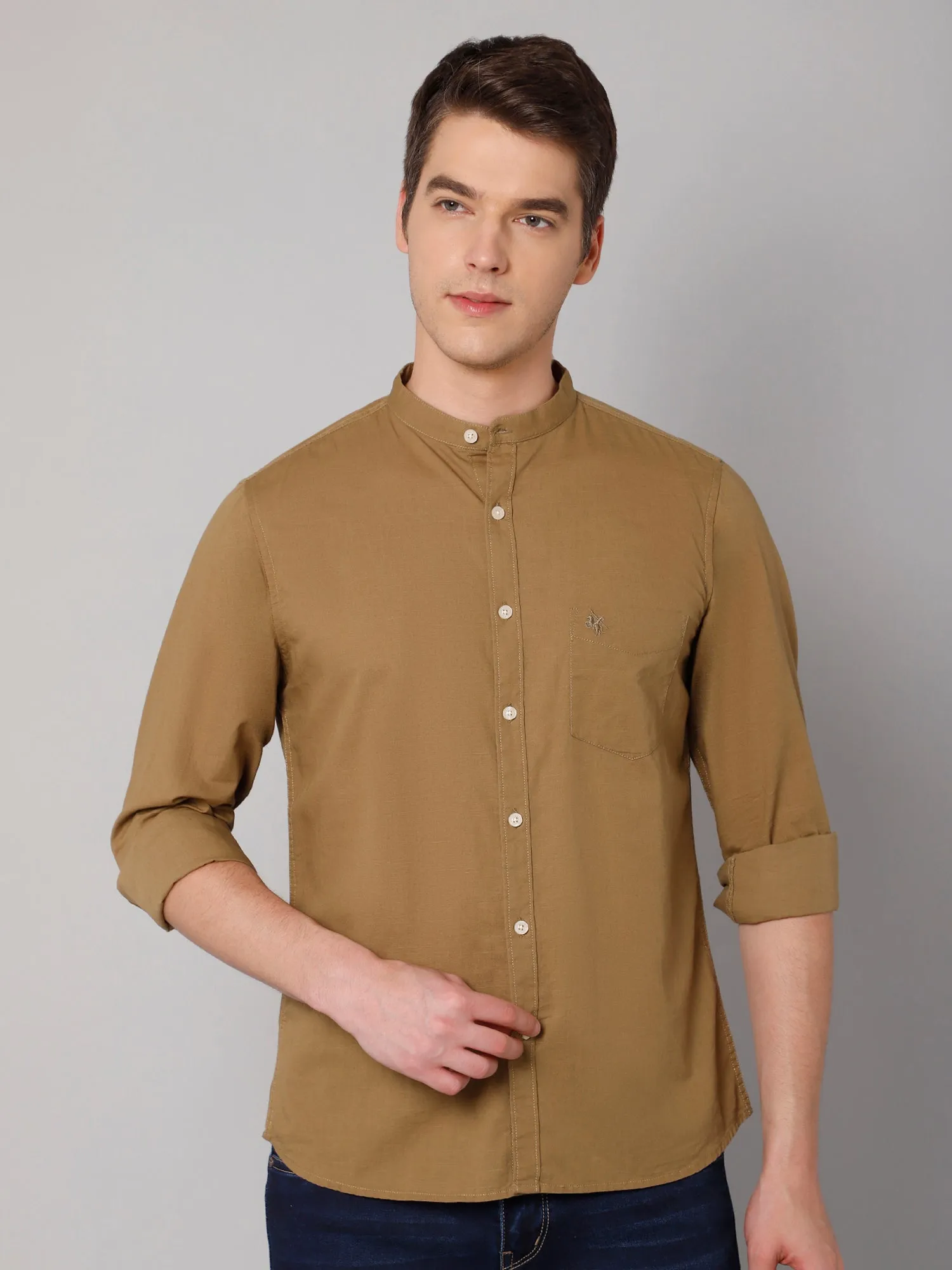 Men's Light Brown Casual Plain Full Sleeve Shirt