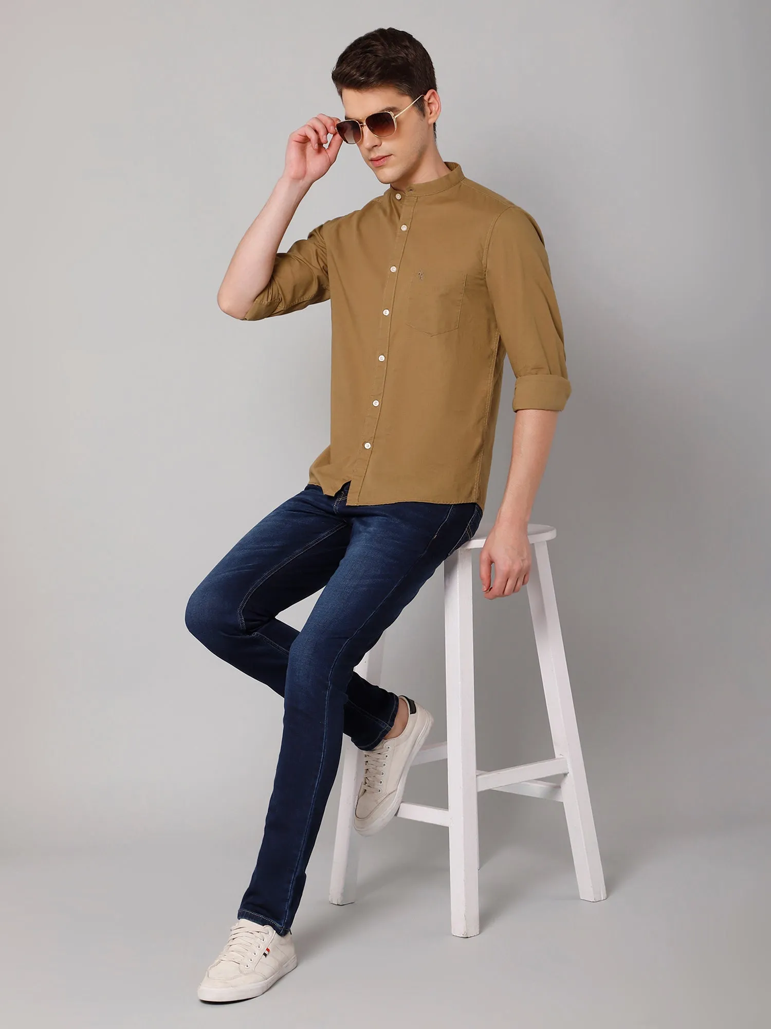 Men's Light Brown Casual Plain Full Sleeve Shirt