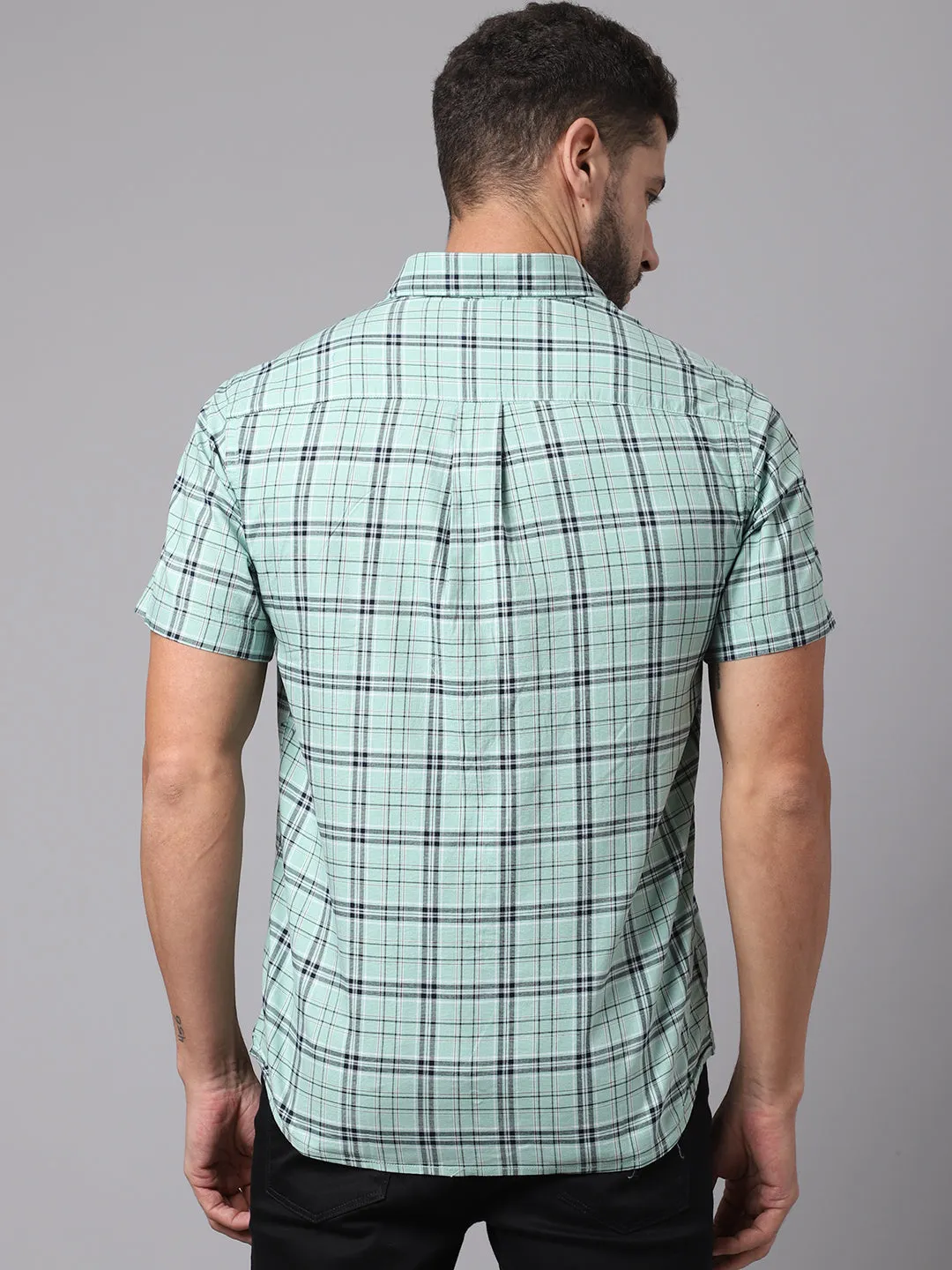 Men's Light Green Casual Big Checks Half Sleeve Shirt