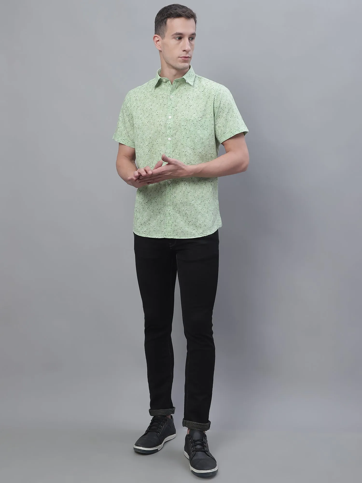 Men's Light Green Casual Floral Ditsy Print Half Sleeve Shirt