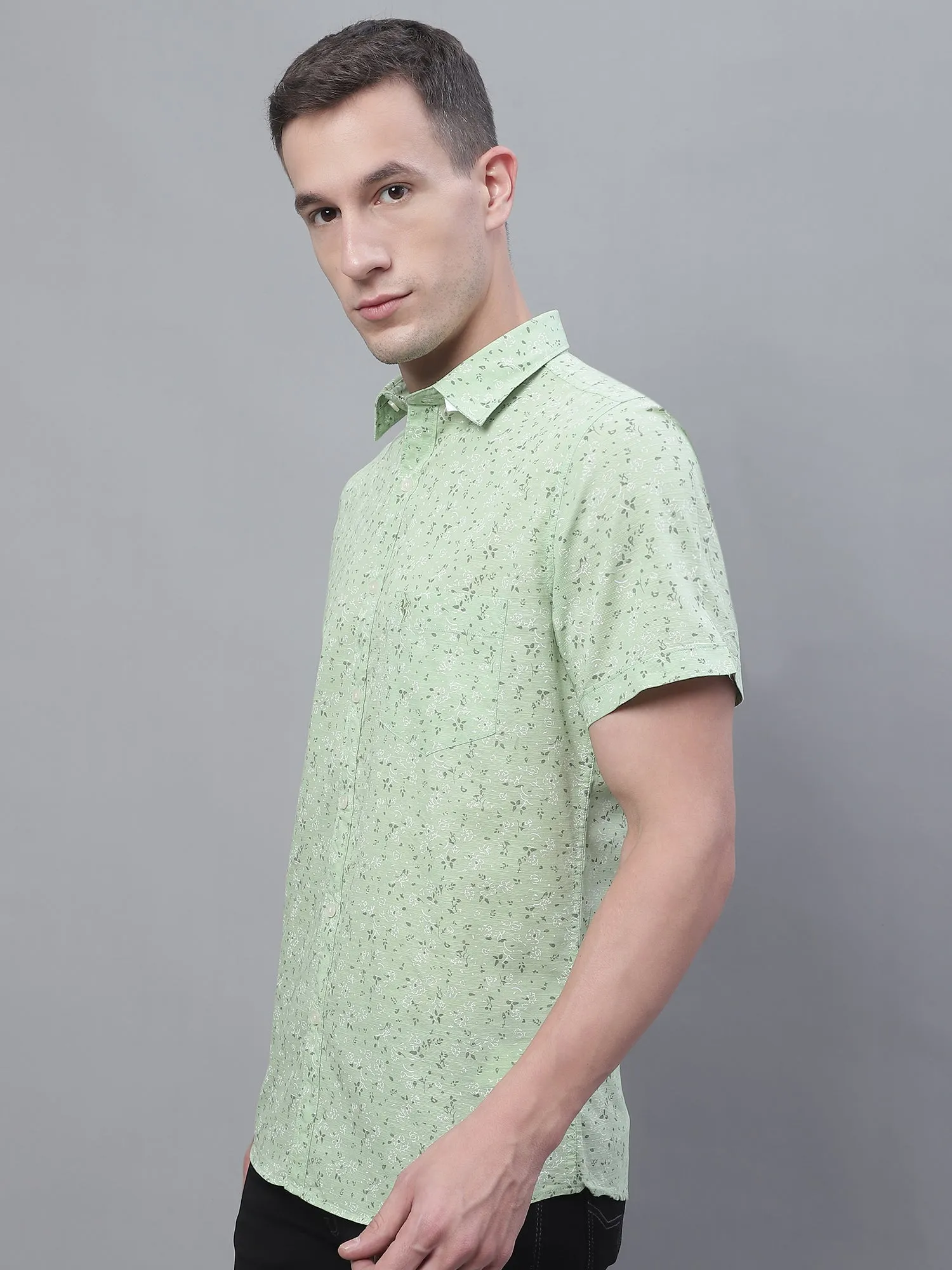 Men's Light Green Casual Floral Ditsy Print Half Sleeve Shirt