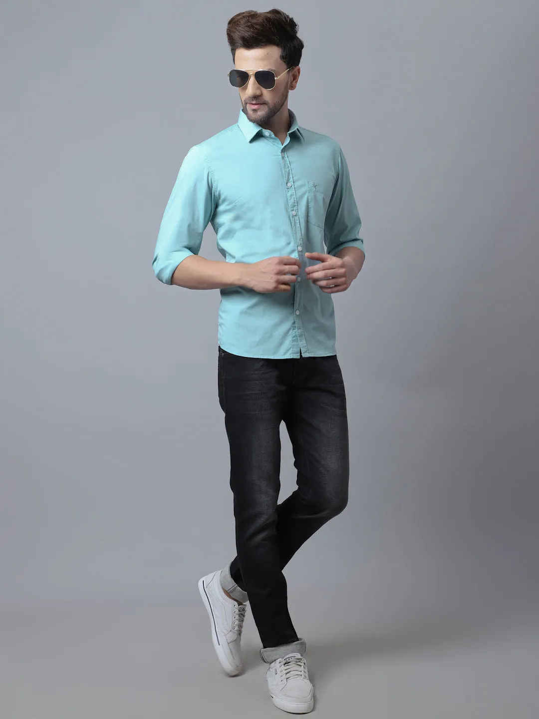 Men's Light Green Casual Plain Stretch Full Sleeve Shirt