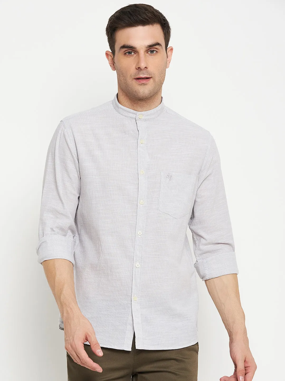 Men's Light Grey Casual Pin Stripe Full Sleeve Shirt