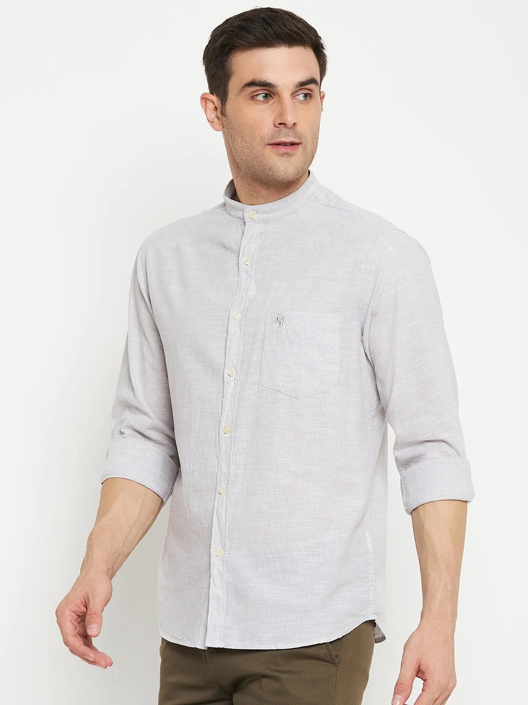 Men's Light Grey Casual Pin Stripe Full Sleeve Shirt