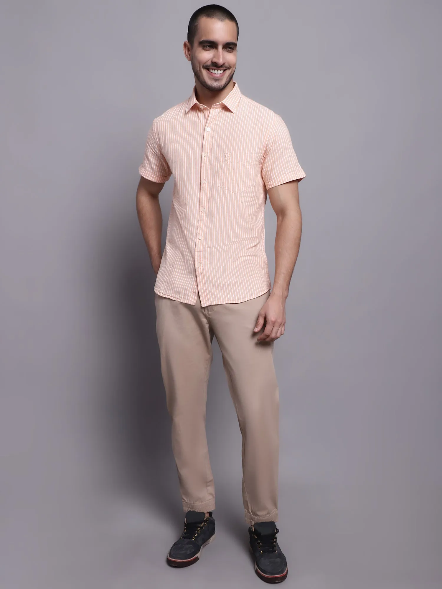 Men's Light Orange Casual Thin Stripe Half Sleeve Shirt