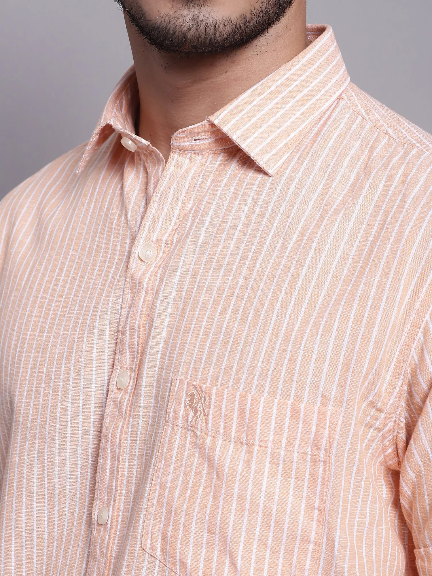 Men's Light Orange Casual Thin Stripe Half Sleeve Shirt