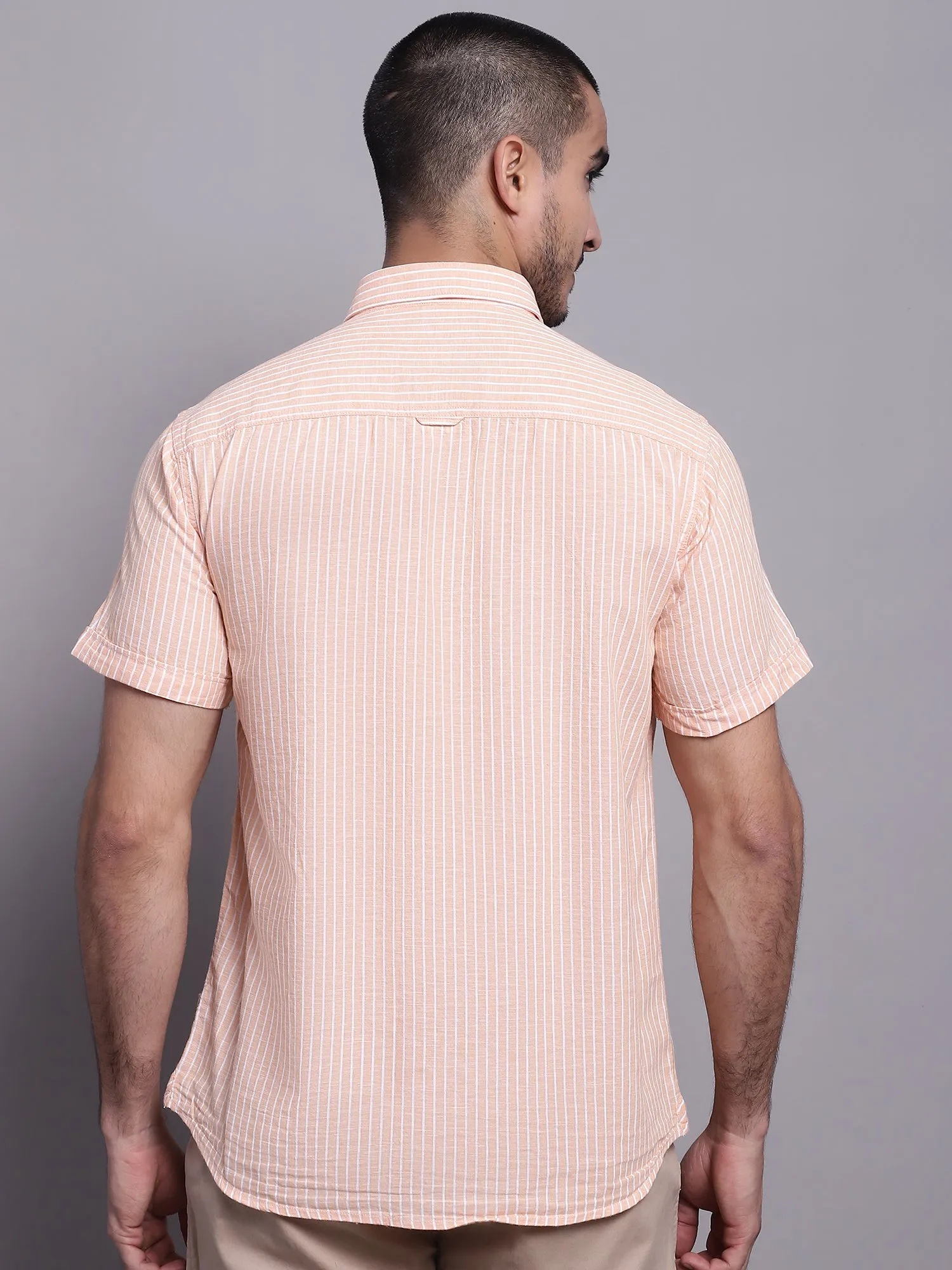 Men's Light Orange Casual Thin Stripe Half Sleeve Shirt