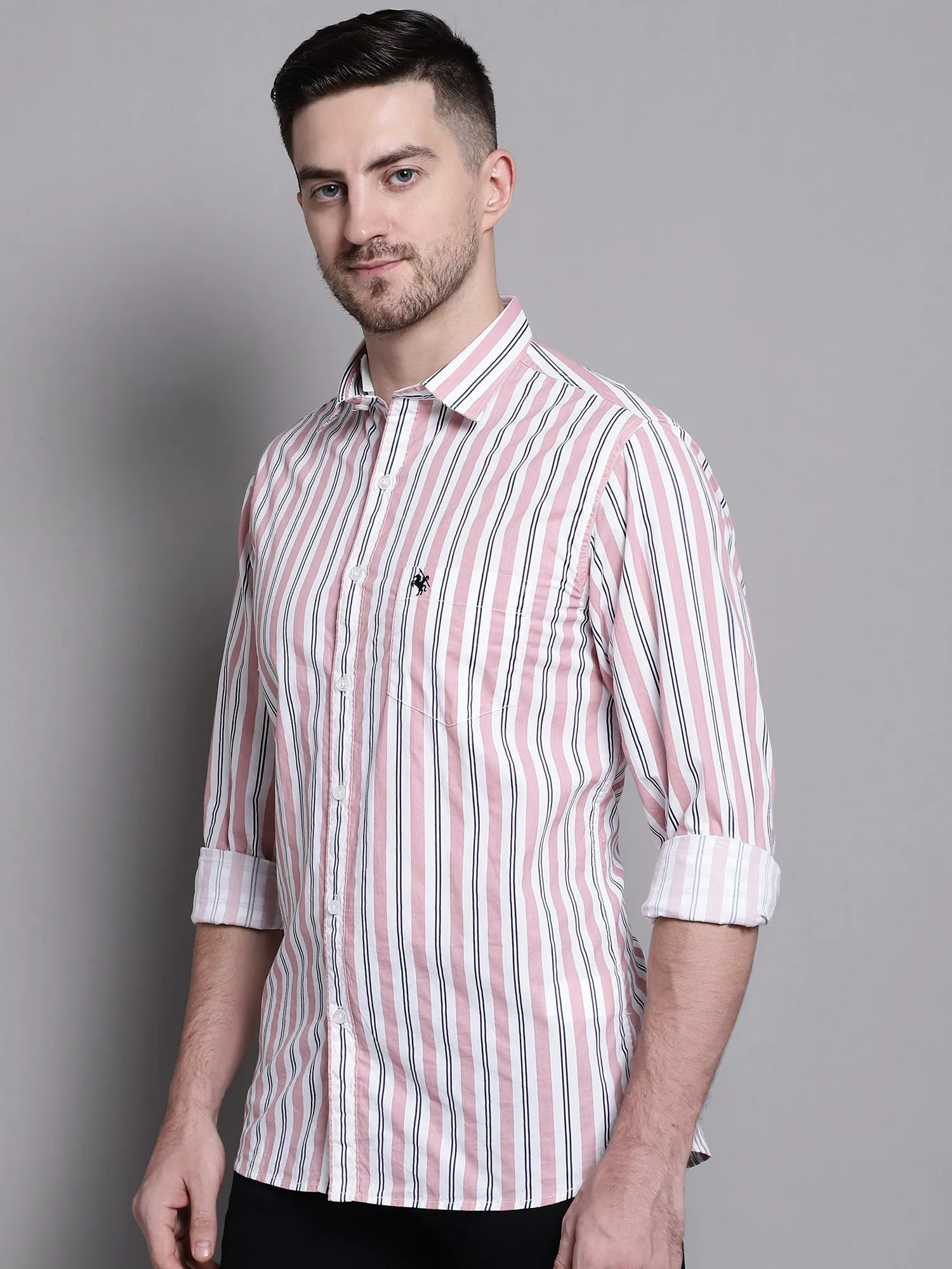 Men's Light Peach Casual Narrow Stripe Full Sleeve Shirt