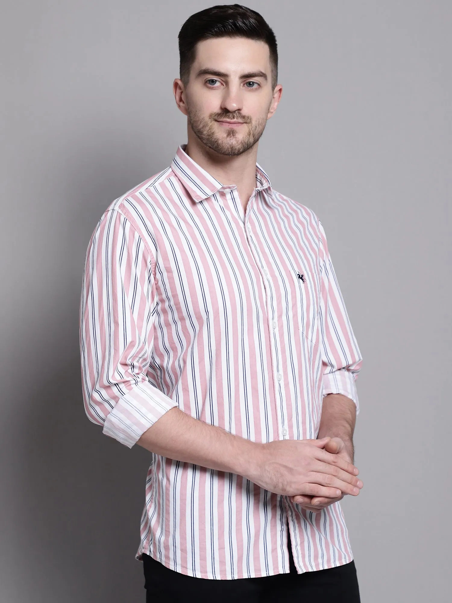 Men's Light Peach Casual Narrow Stripe Full Sleeve Shirt