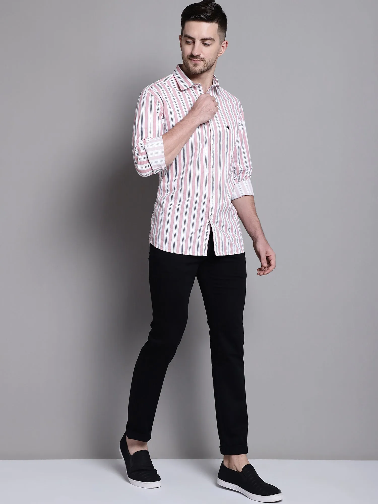 Men's Light Peach Casual Narrow Stripe Full Sleeve Shirt