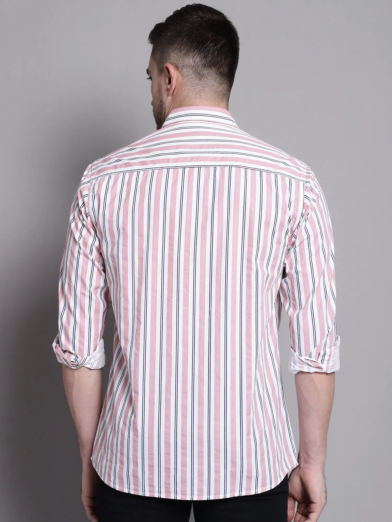 Men's Light Peach Casual Narrow Stripe Full Sleeve Shirt