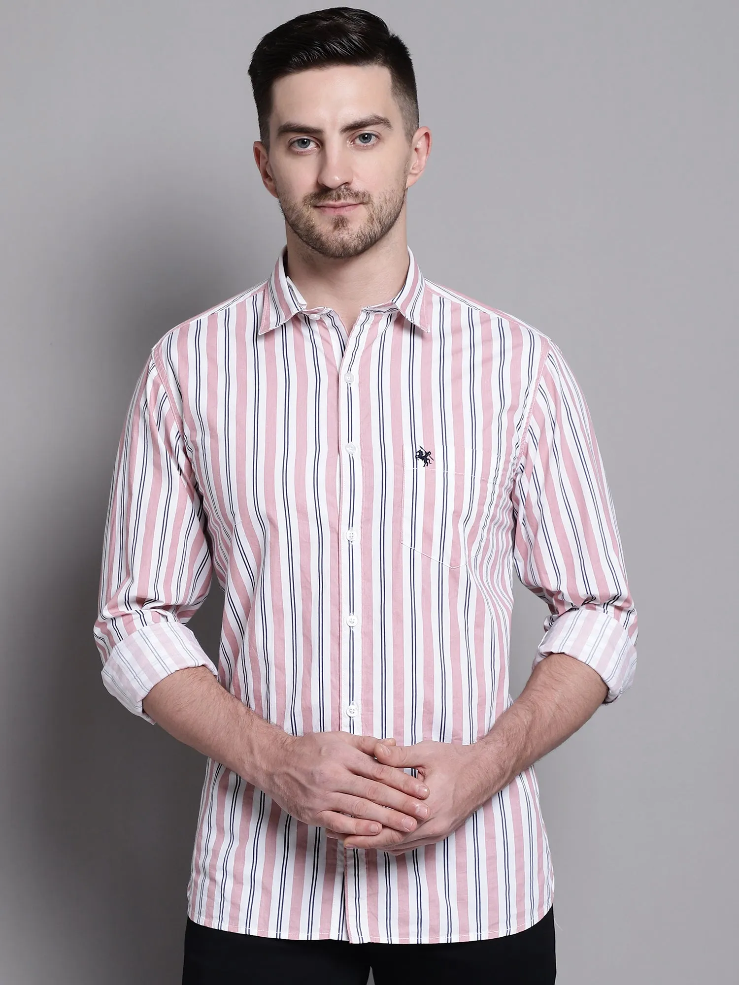 Men's Light Peach Casual Narrow Stripe Full Sleeve Shirt