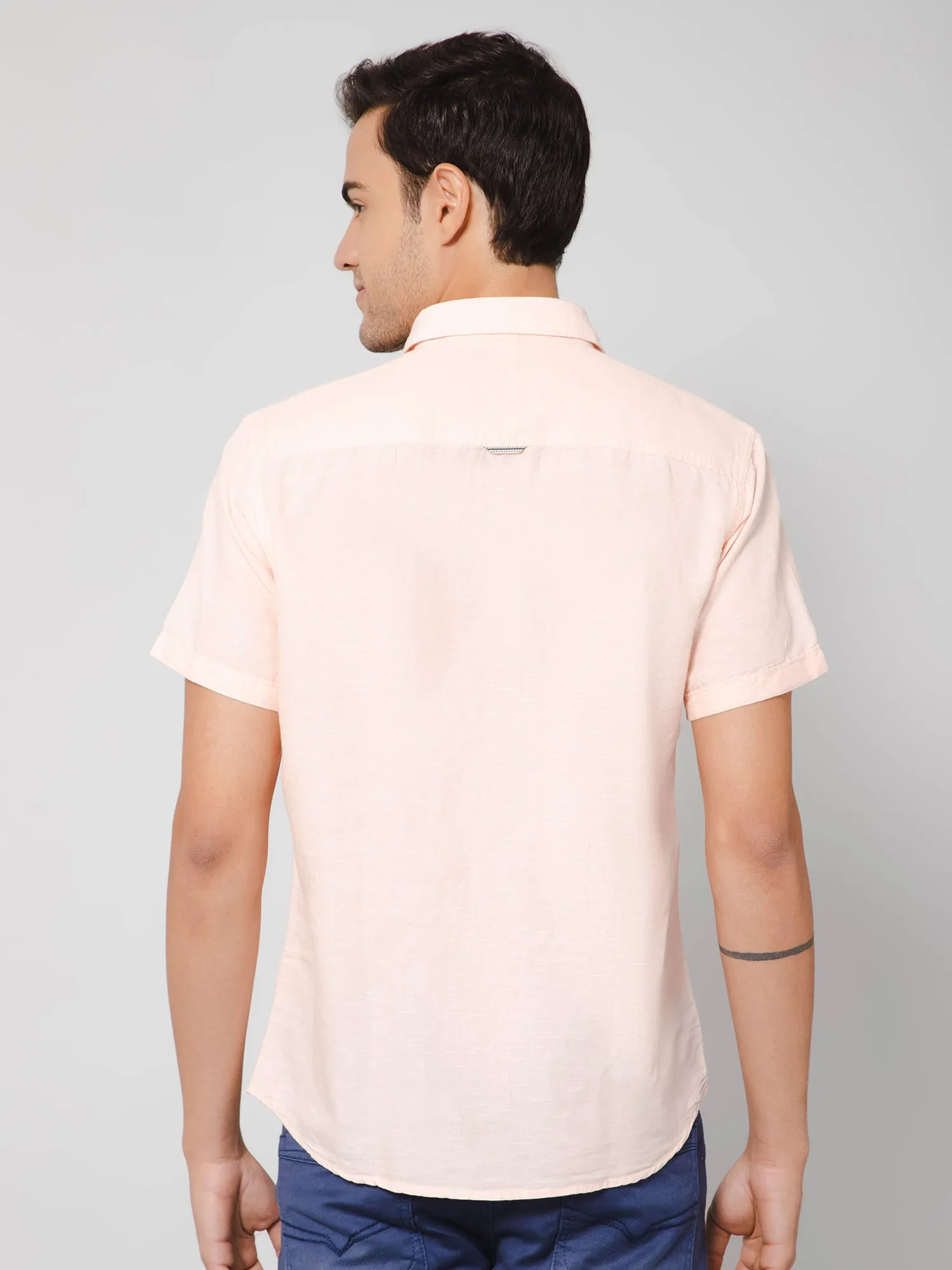 Men's Light Peach Casual Plain Half Sleeve Shirt